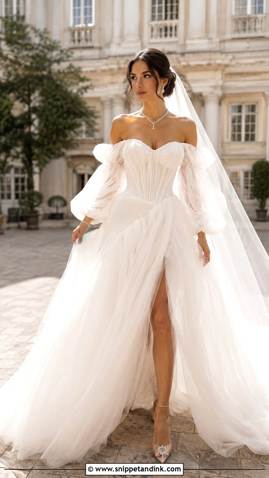 Off the Shoulder Tulle Balloon Sleeve Wedding Dress - Snippet and Ink - 20 Balloon Sleeve Wedding Dress Ideas
