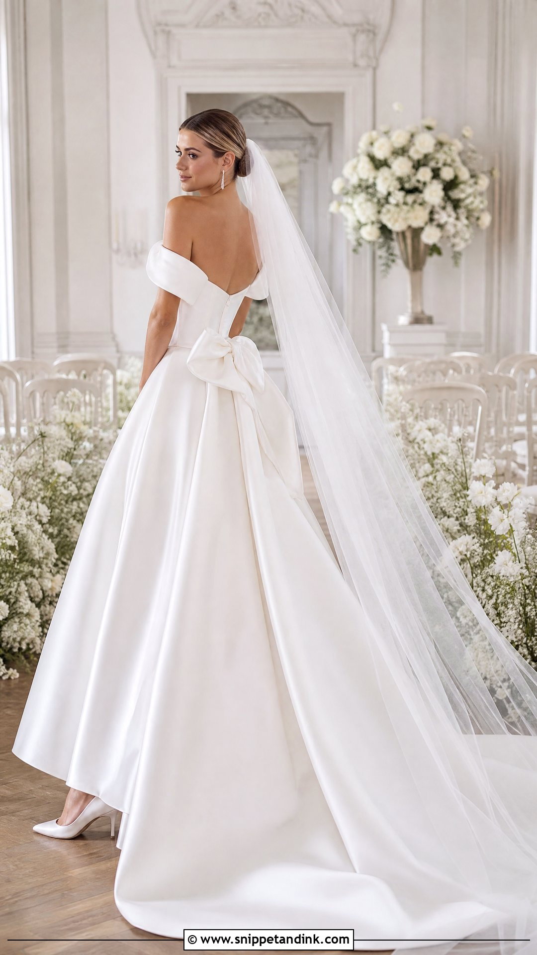 Off the Shoulder Wedding Dress With Back Bow - Snippet and Ink - 20 Wedding Dress with Bows Ideas