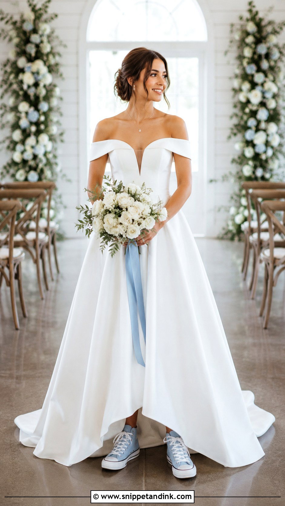 Off the Shoulder Wedding Dress With Blue Converse - Snippet and Ink - 20 Wedding Dress with Converse Ideas