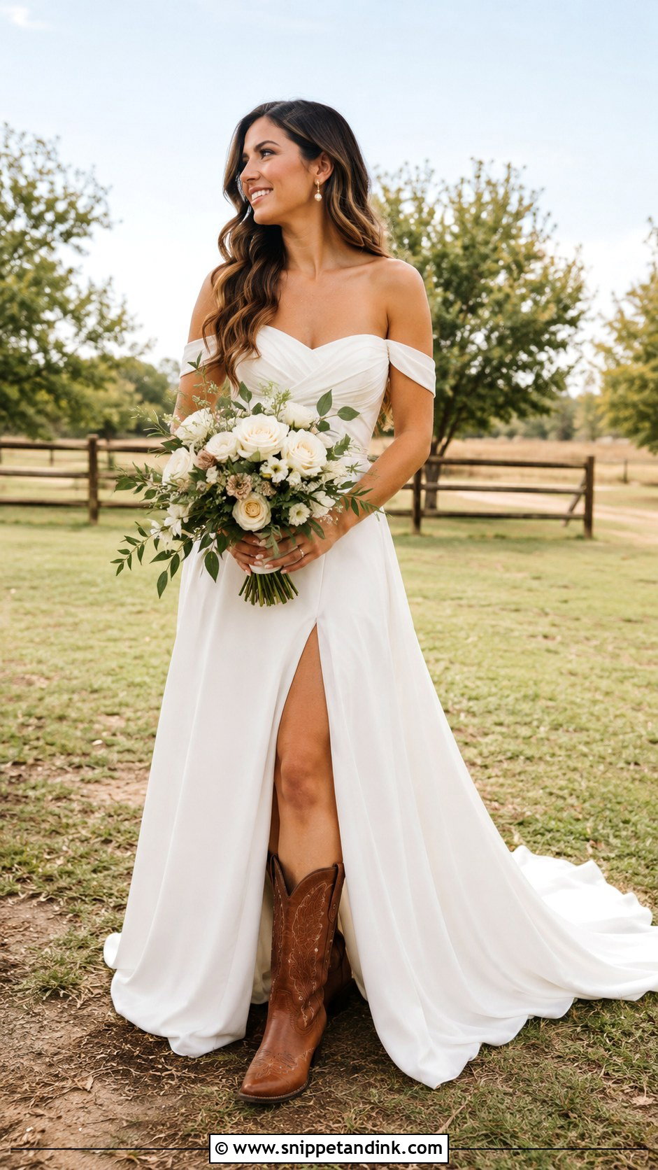 Off the Shoulder Wedding Dress With Brown Cowboy Boots - Snippet and Ink - 20 Bride Cowboy Boots Ideas