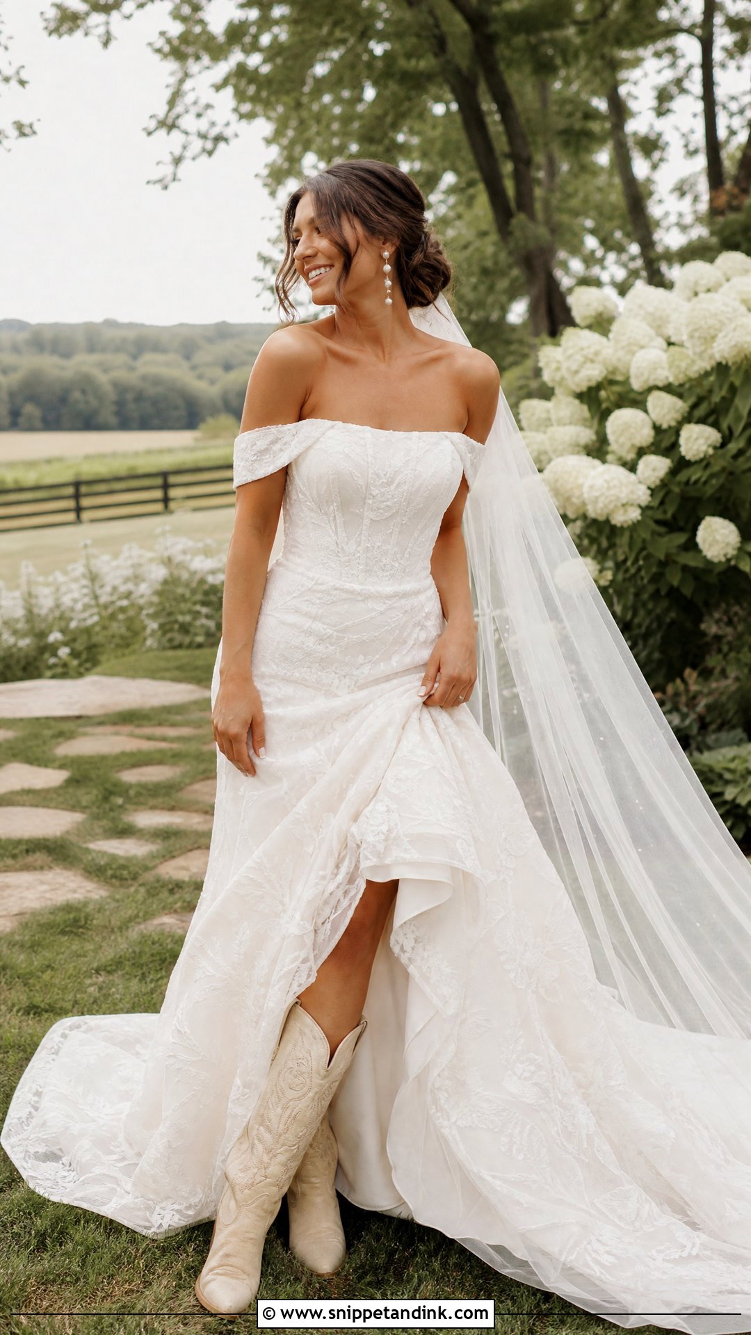 Off the Shoulder Wedding Dress With Cream Cowboy Boots - Snippet and Ink - 20 Wedding Dress and Cowboy Boots Ideas
