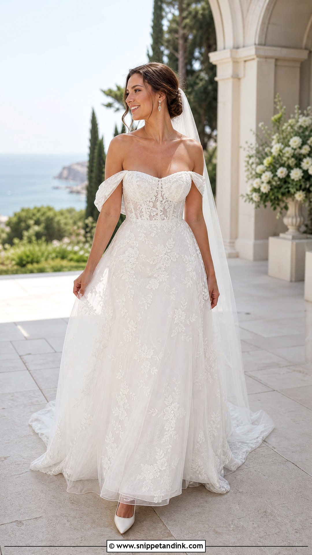 Off the Shoulder Wedding Dress With Lace Overlay - Snippet and Ink - 20 Wedding Dress with Lace Overlay Ideas