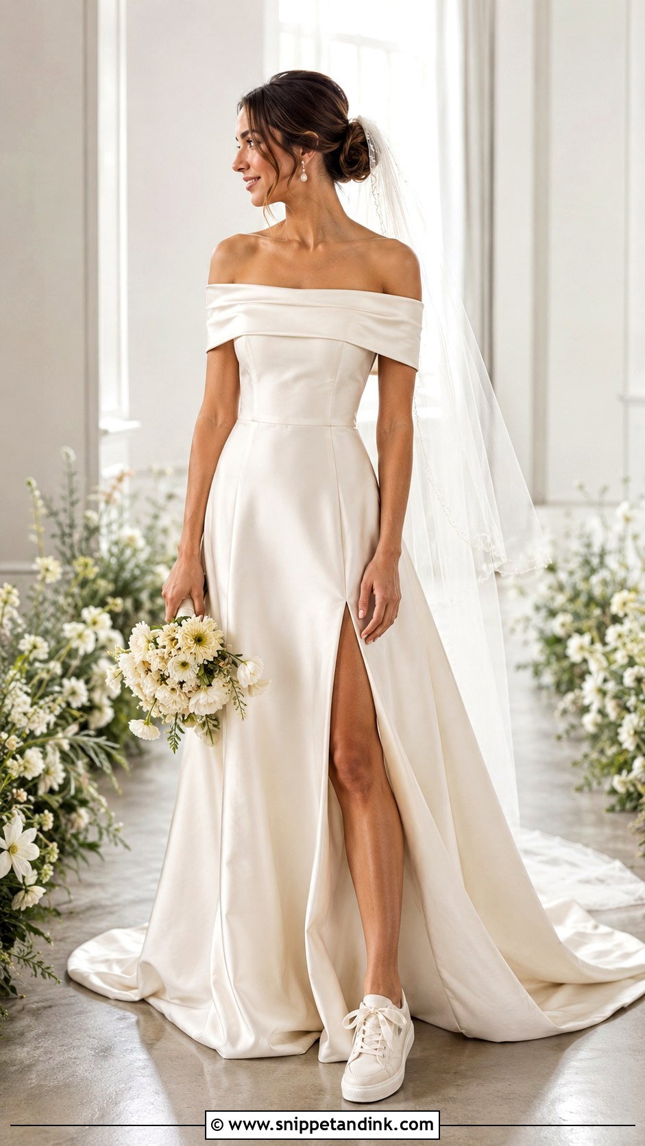 Off the Shoulder Wedding Dress With Satin Sneakers - Snippet and Ink - 20 Bride with Sneakers Ideas