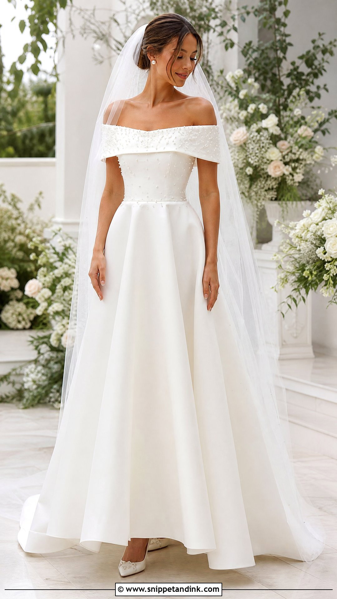 Off the Shoulder Wedding Dress With Scattered Pearls - Snippet and Ink - 20 Simple Wedding Dress with Pearls Ideas