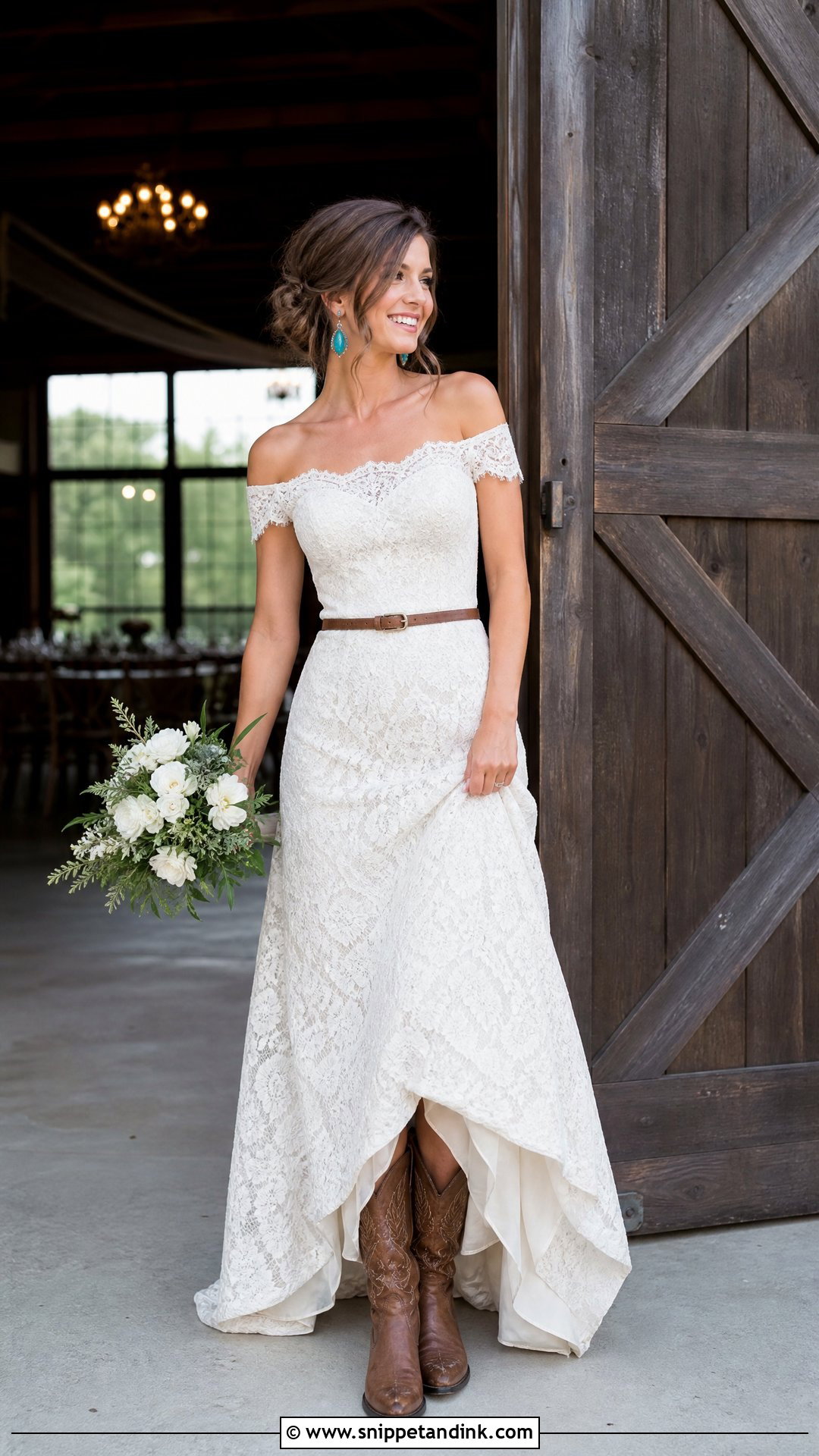Off the Shoulder Western Wedding Dress With Brown Boots - Snippet and Ink - 20 Western Wedding Dresses with Boots