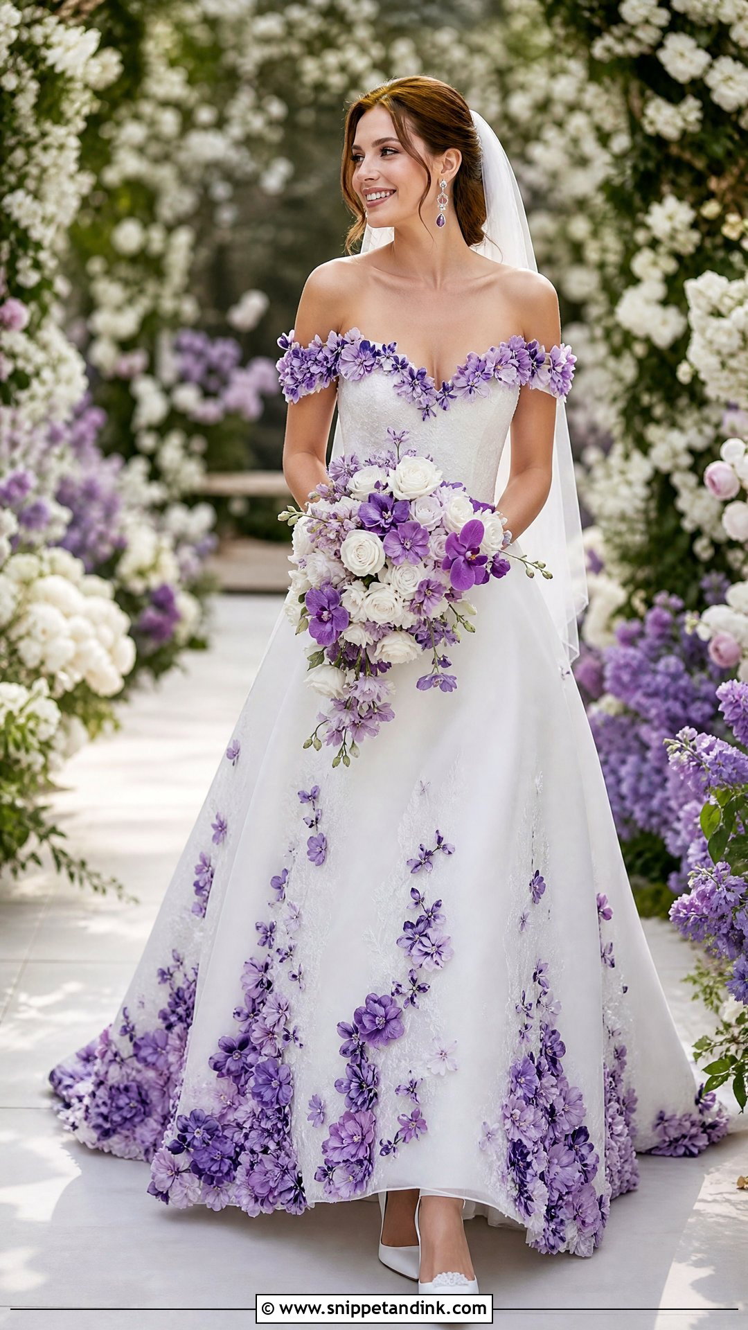 Off the Shoulder White Gown With Violet Flowers - Snippet and Ink - 25 Purple and White Wedding Dress Ideas