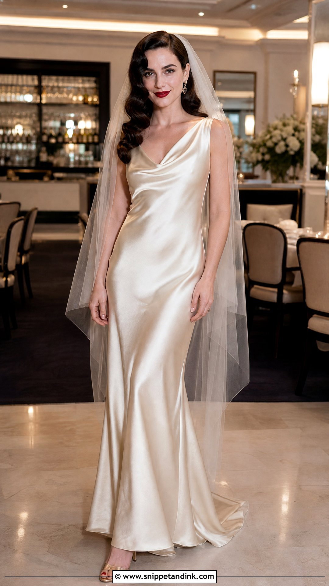 Old Hollywood Bride With Champagne Satin Gown - Snippet and Ink - 20 Old Hollywood Bride Ideas