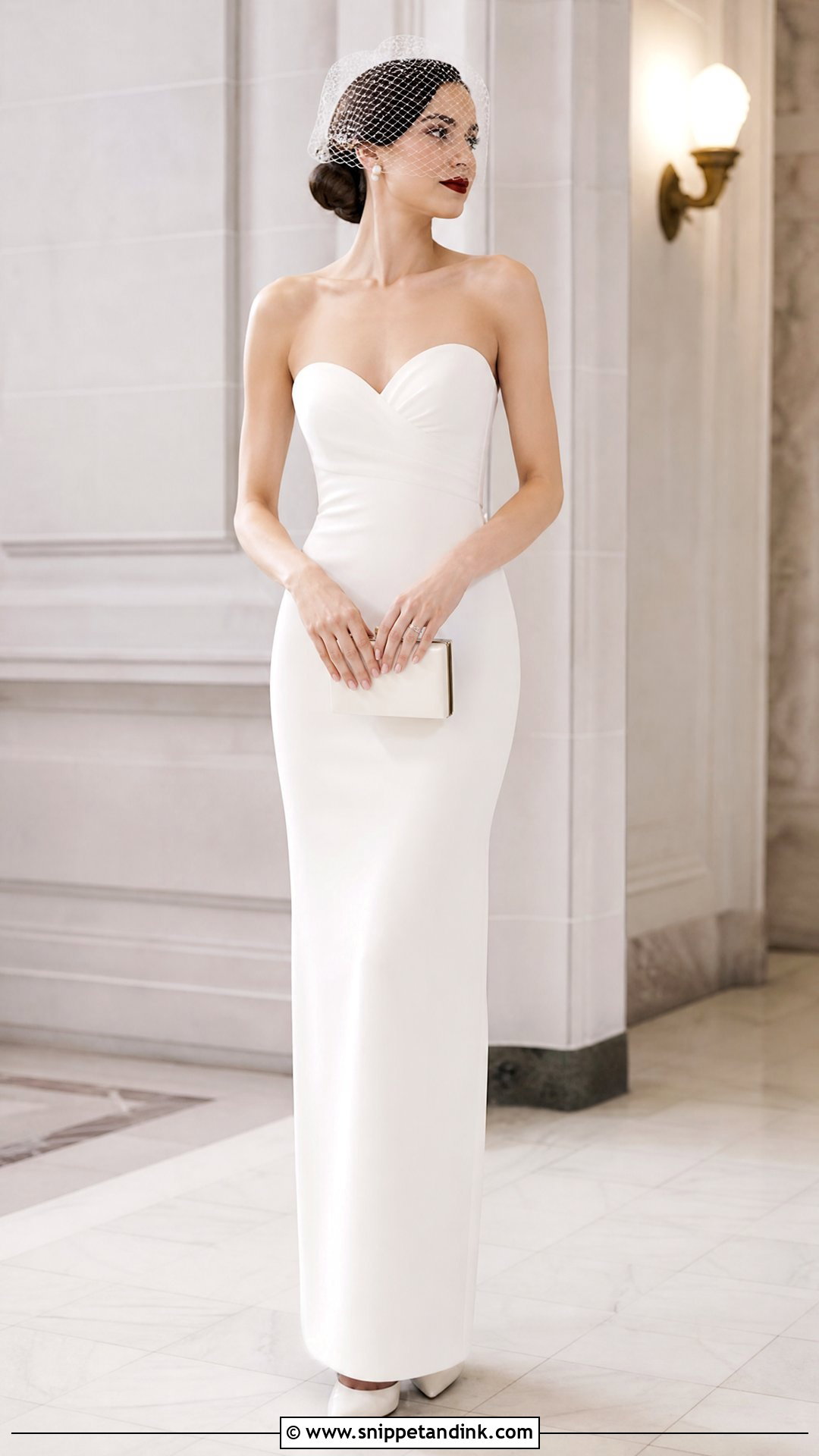 Old Hollywood Bride With Column Gown And Birdcage Veil - Snippet and Ink - 20 Old Hollywood Bride Ideas