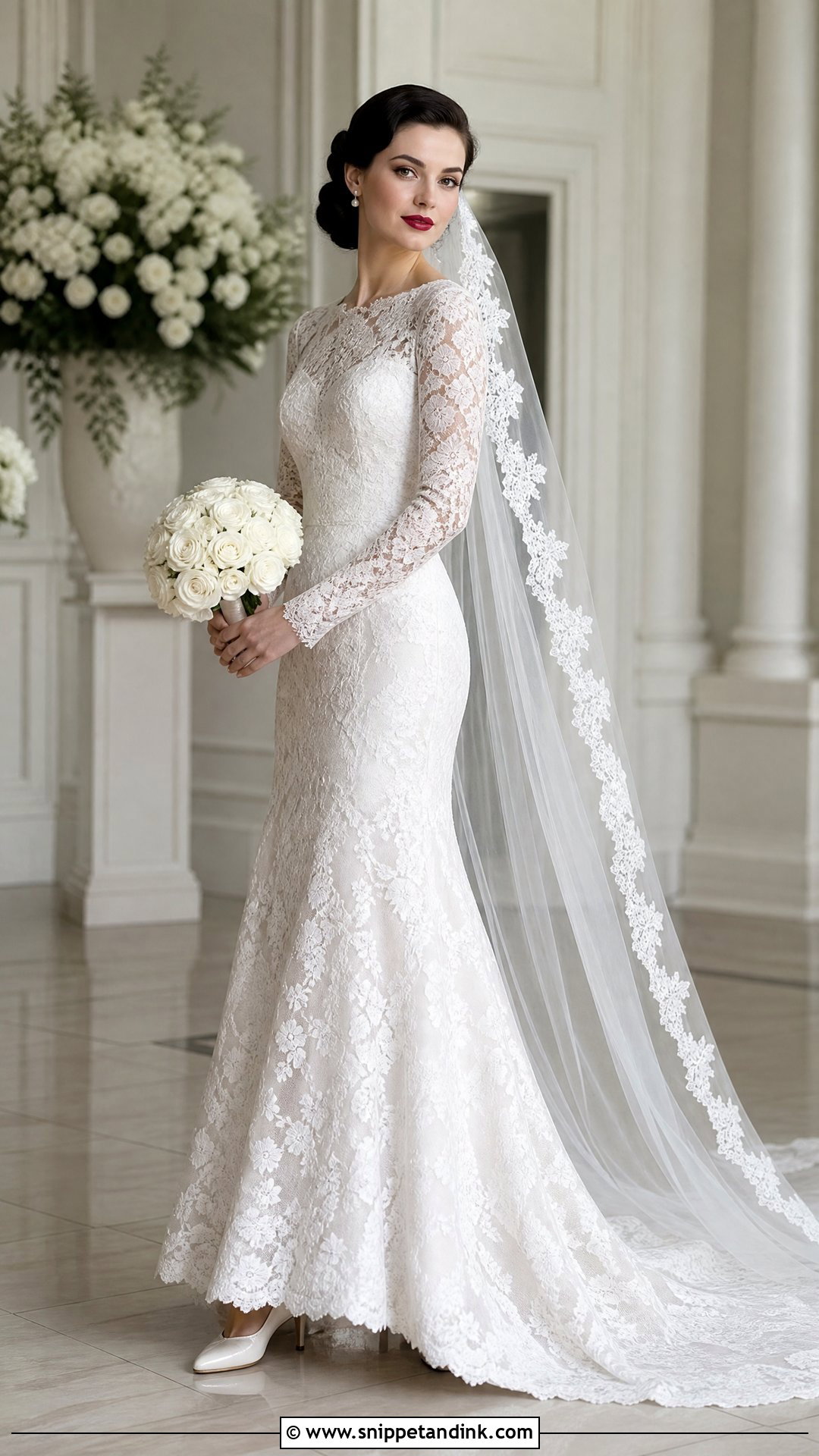 Old Hollywood Bride With Long Sleeve Lace Gown - Snippet and Ink - 20 Old Hollywood Bride Ideas
