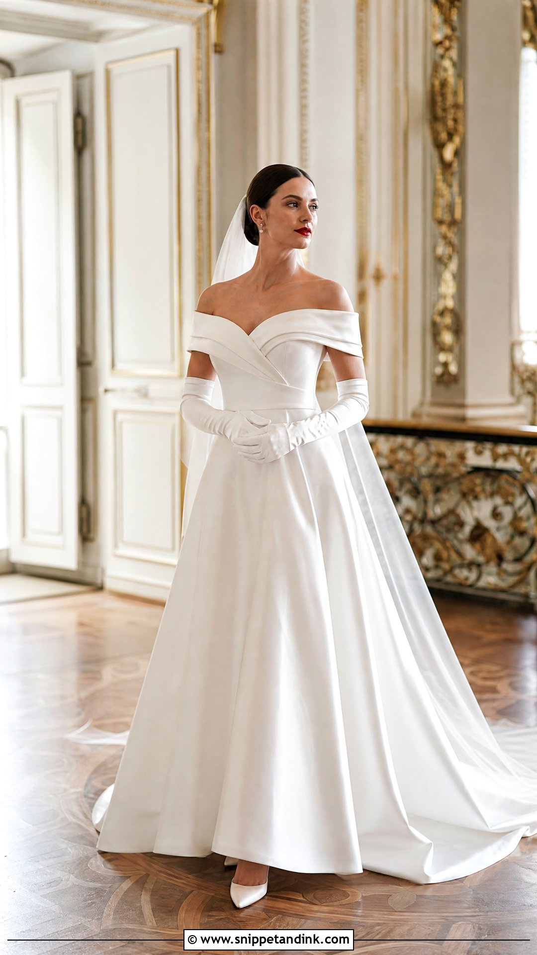 Old Hollywood Bride With Off Shoulder Gown - Snippet and Ink - 20 Old Hollywood Bride Ideas