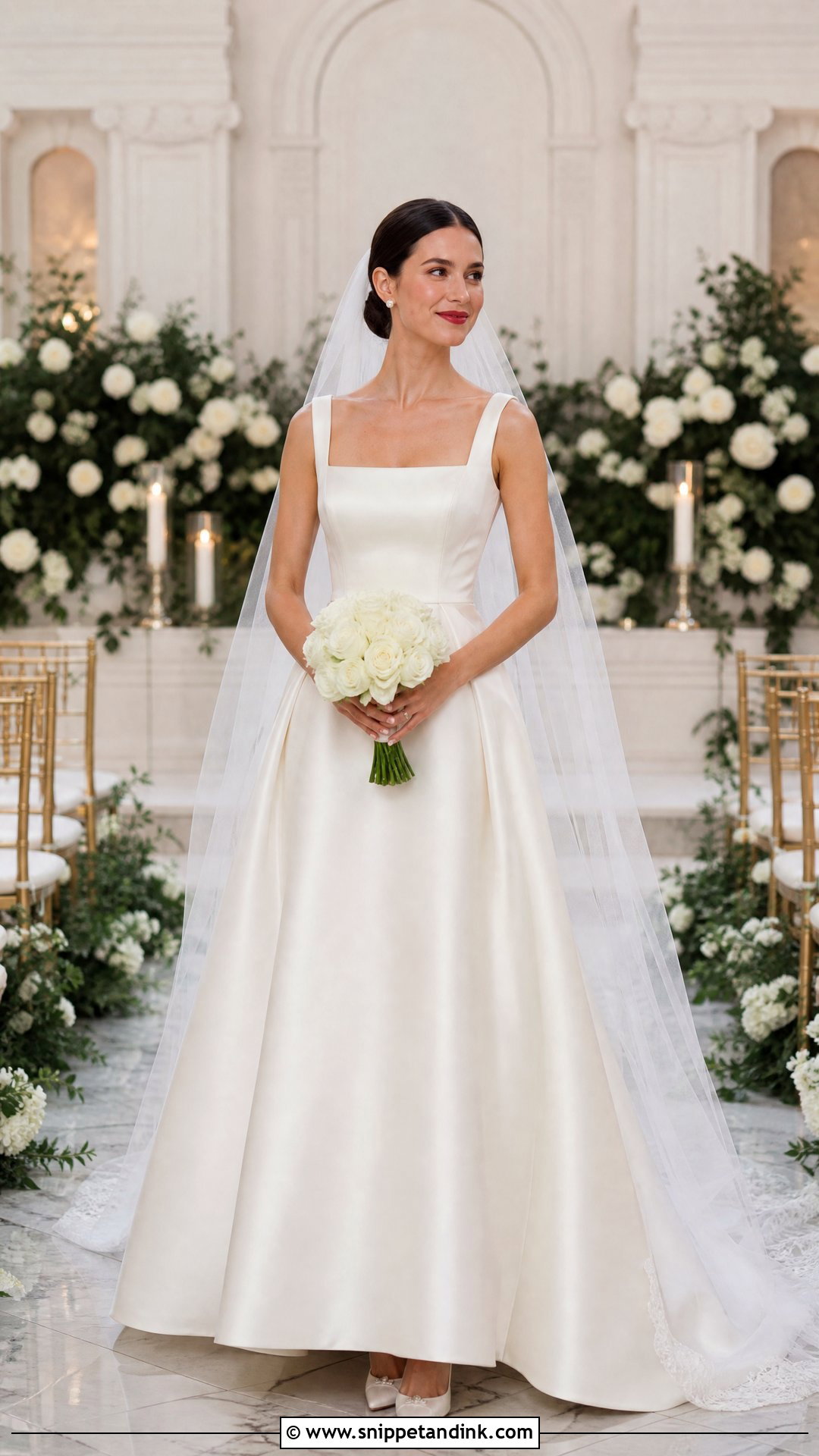 Old Hollywood Bride With Square Neck Gown And Cathedral Veil - Snippet and Ink - 20 Old Hollywood Bride Ideas