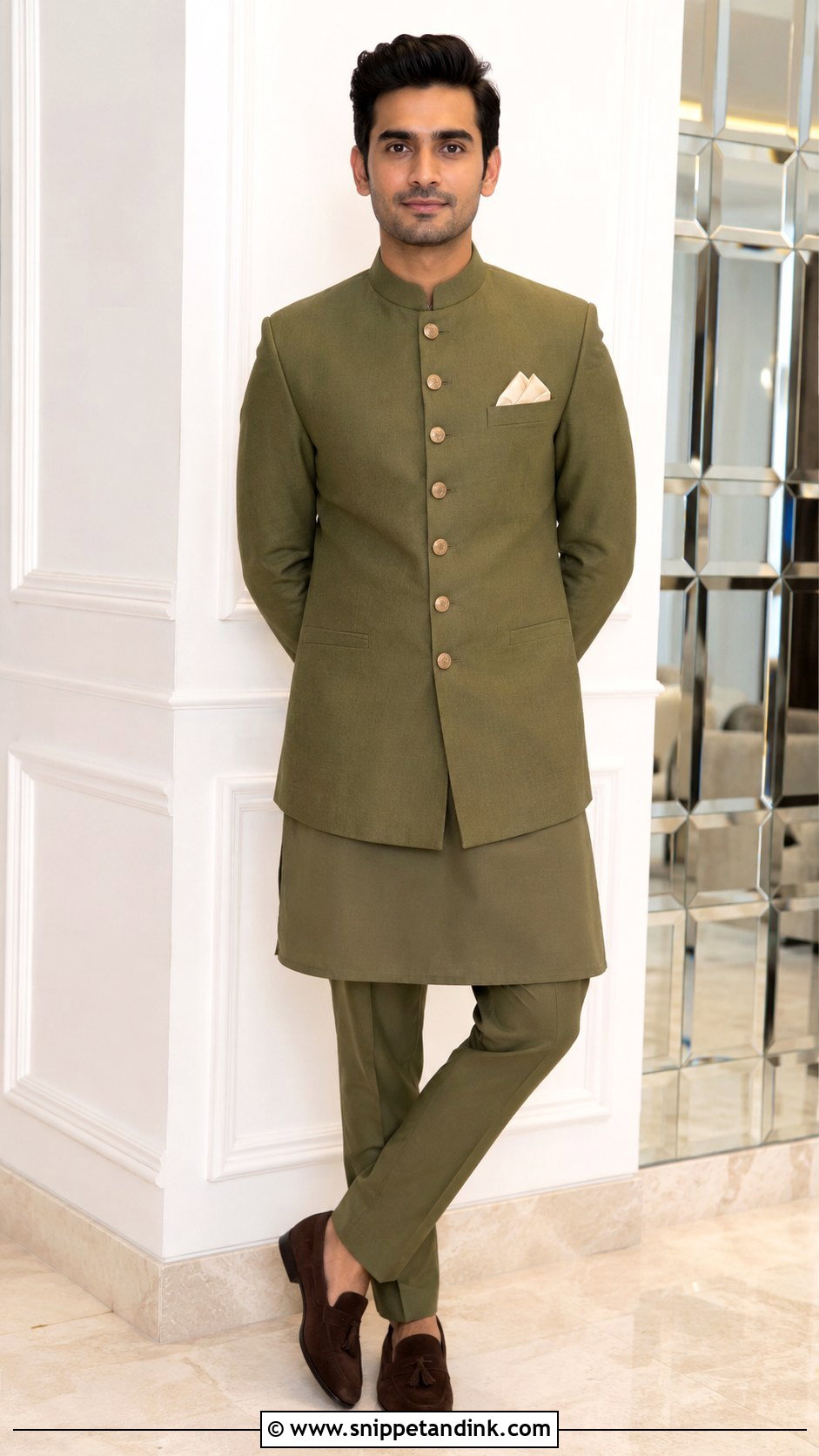 Olive Green Bandhgala Outfit - Snippet and Ink - 25 Ranbir Kapoor Wedding Outfit Ideas