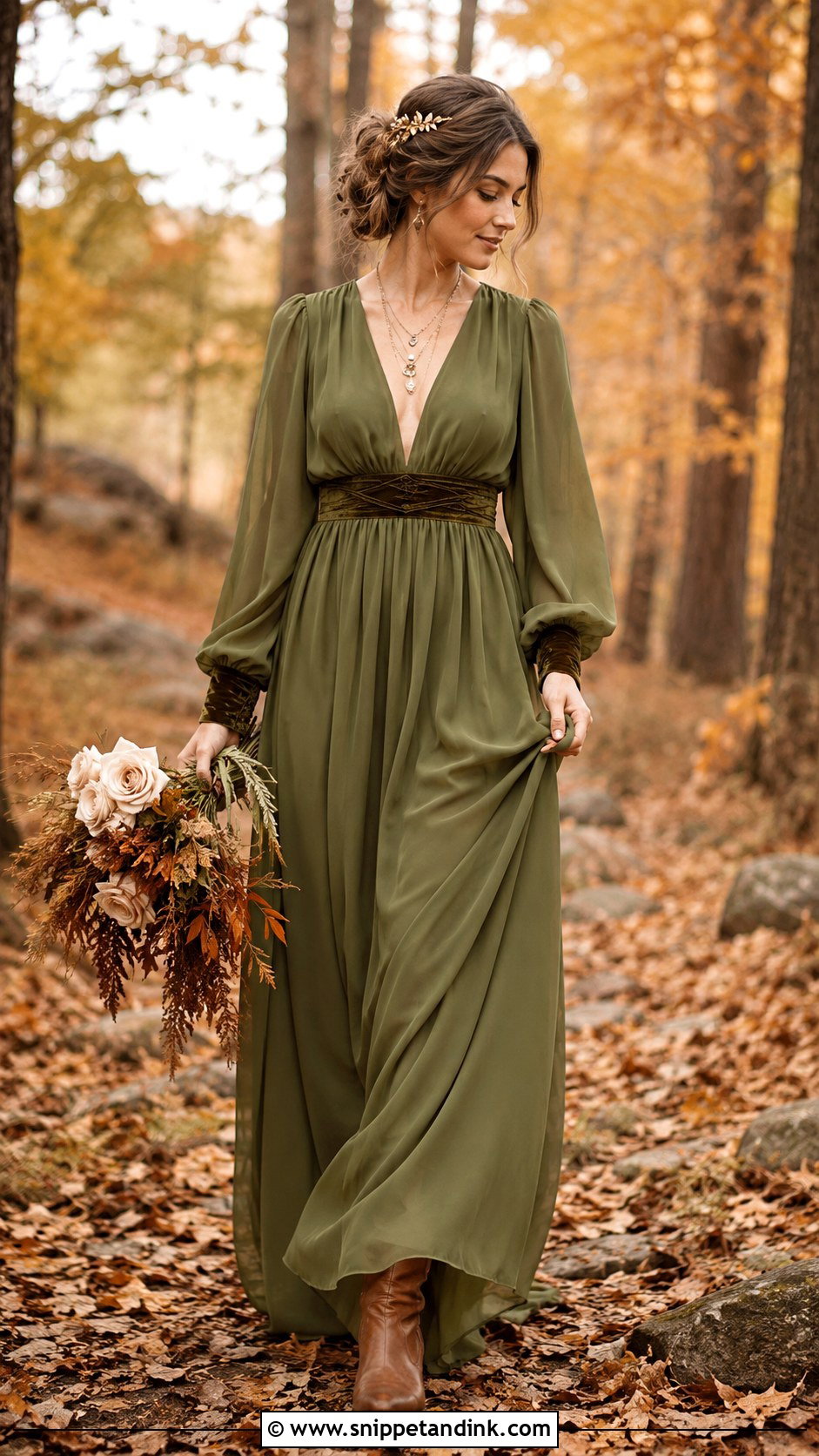 Olive Green Bohemian Wedding Dress With Velvet Details - Snippet and Ink - 20 Earthy Wedding Dress Bohemian Ideas