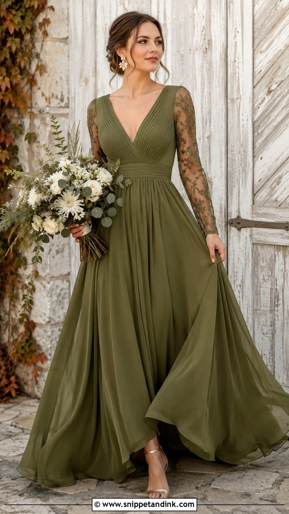 Olive Green Bridal Dress With Long Sleeves - Snippet and Ink - 25 Green Bridal Dress Ideas
