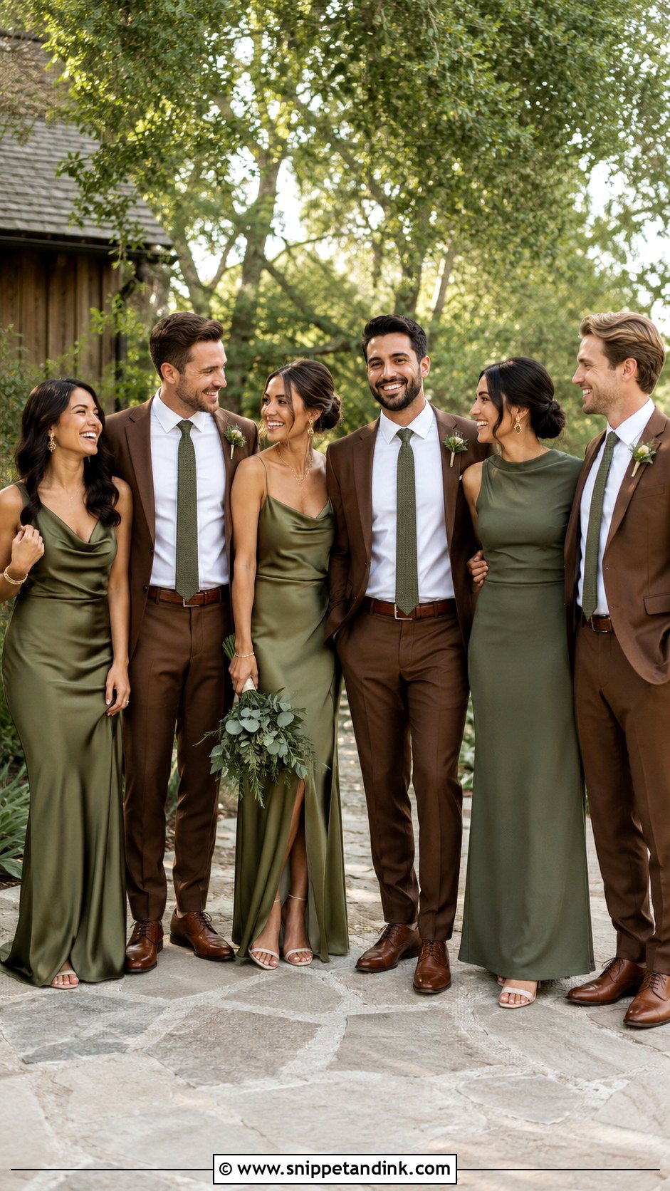 Olive Green Bridesmaid Dresses With Brown Suits - Snippet and Ink - 20 Green Wedding Party Attire Ideas