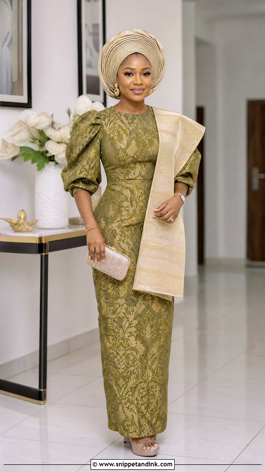 Olive Green Damask Gown Outfit - Snippet and Ink - 20 Yoruba Introduction Outfit Ideas