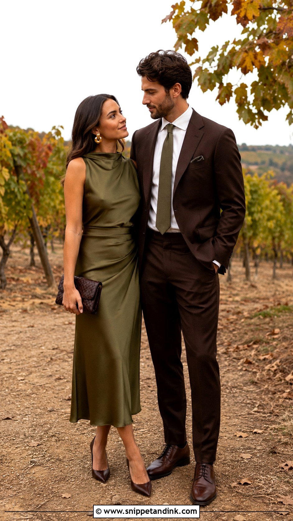 Olive Green Dress and Brown Suit Wedding Couple Outfit - Snippet and Ink - 20 Matching Couple Outfits for Wedding