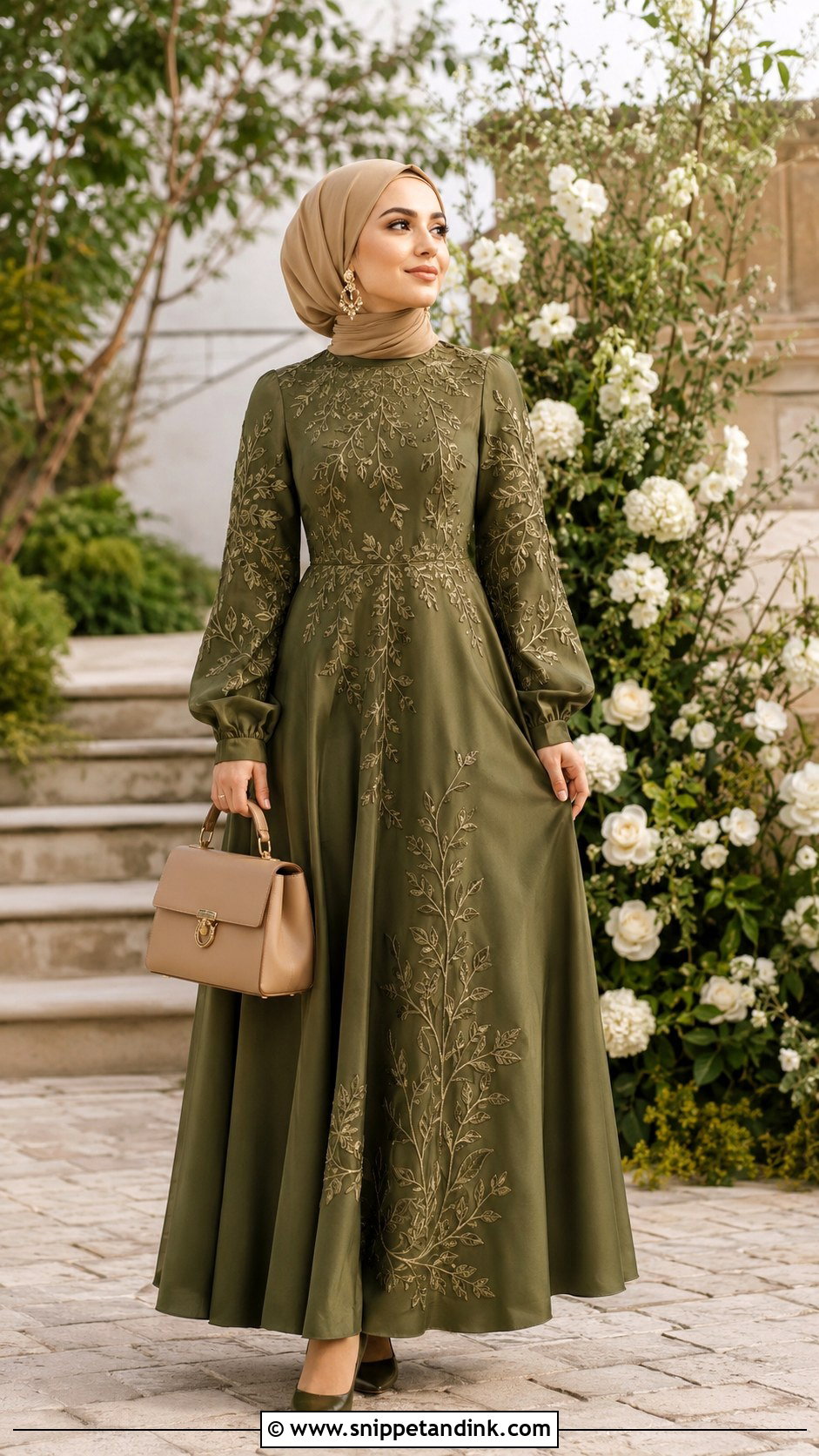Olive Green Embroidered Hijab Dress - Snippet and Ink - 20 Hijab Dresses for Wedding Party