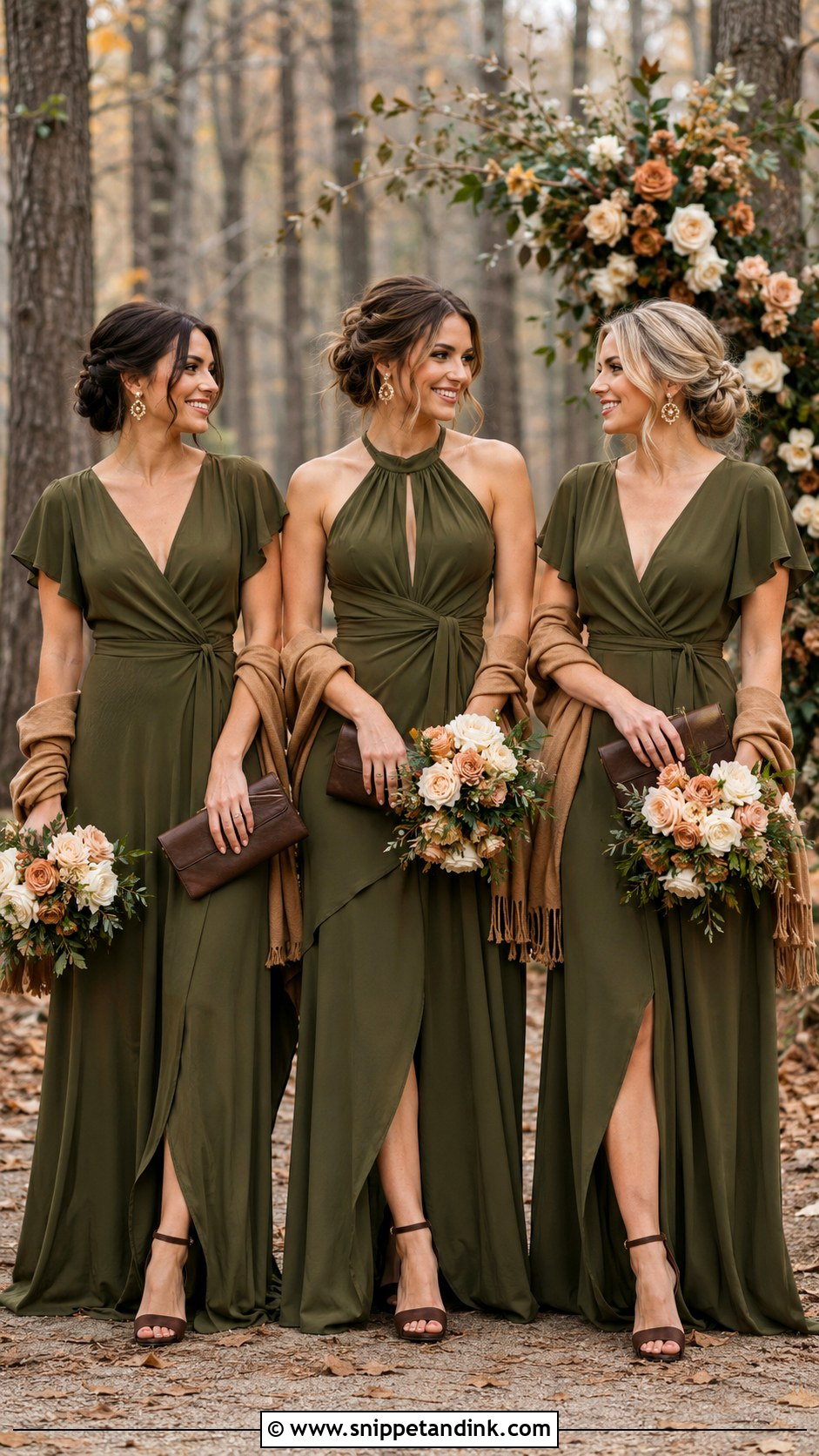 Olive Green Fall Bridal Party Gowns - Snippet and Ink - 20 Fall Bridal Party Ideas