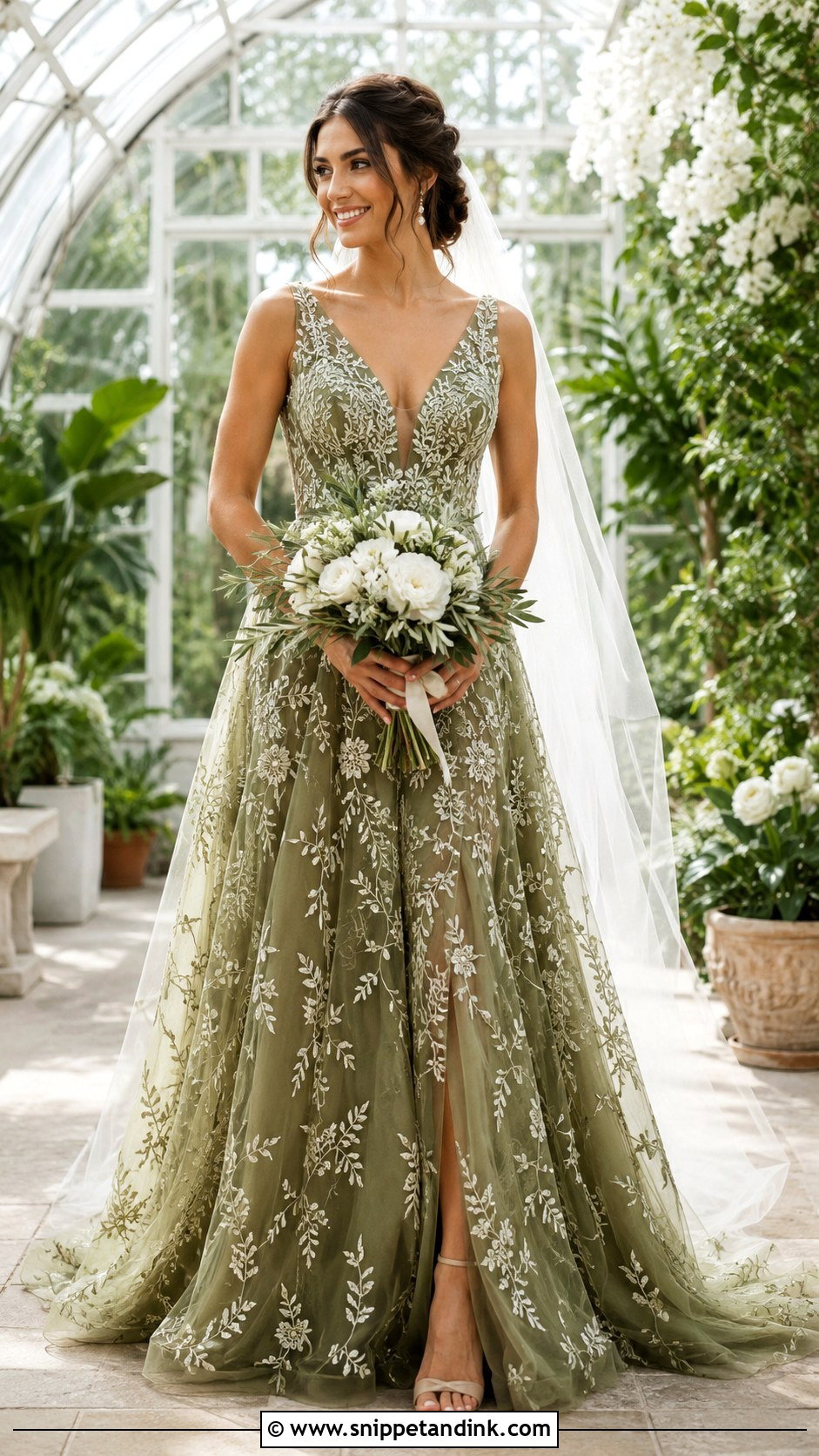 Olive Green Floral Embroidered Wedding Dress - Snippet and Ink - 20 Olive Green Wedding Dress Ideas