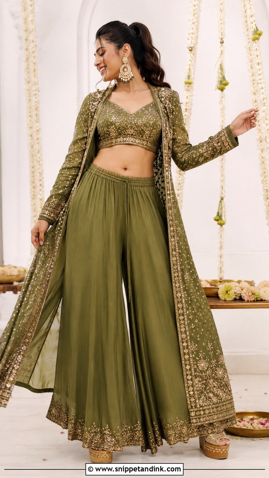 Olive Green Jacket And Palazzo Bridal Mehndi Set - Snippet and Ink - 20 Green Bridal Mehndi Outfit Ideas