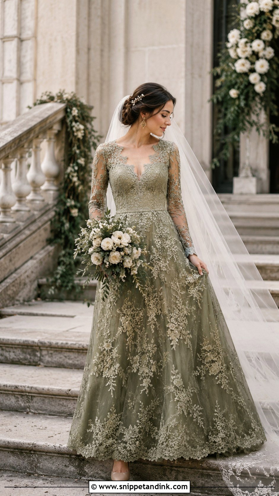 Olive Green Long Sleeve Lace Wedding Dress - Snippet and Ink - 20 Olive Green Wedding Dress Ideas