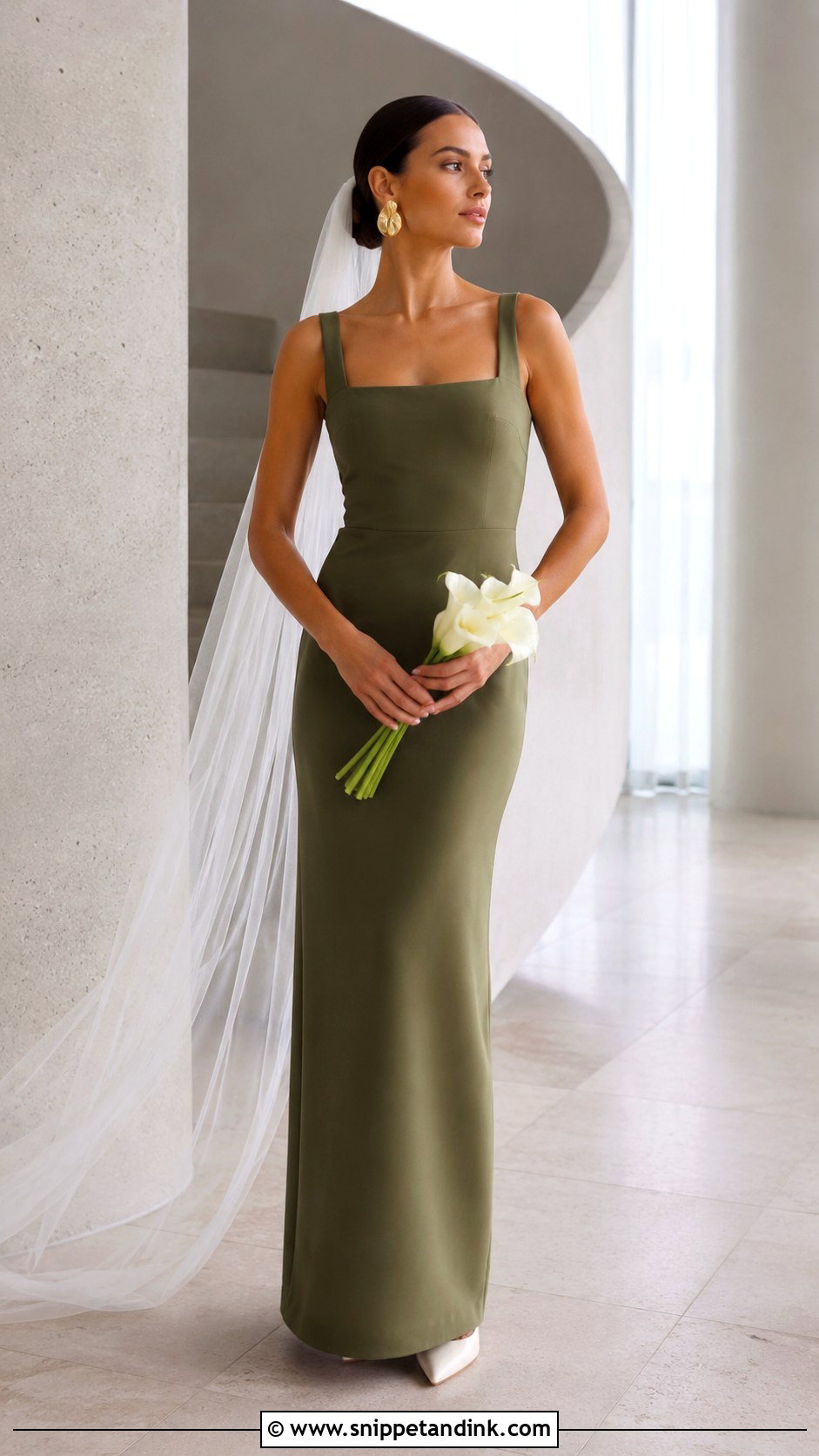 Olive Green Minimalist Column Wedding Dress - Snippet and Ink - 20 Olive Green Wedding Dress Ideas