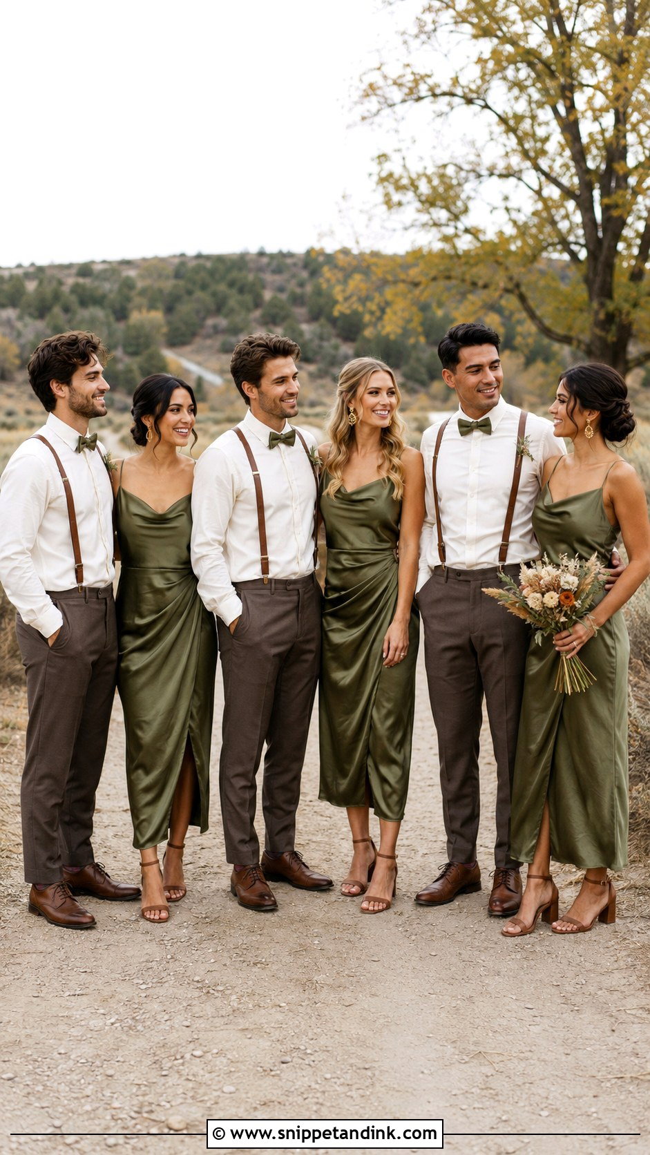 Olive Green Satin Dresses With Cream Shirts and Suspenders - Snippet and Ink - 20 Green Wedding Party Attire Ideas