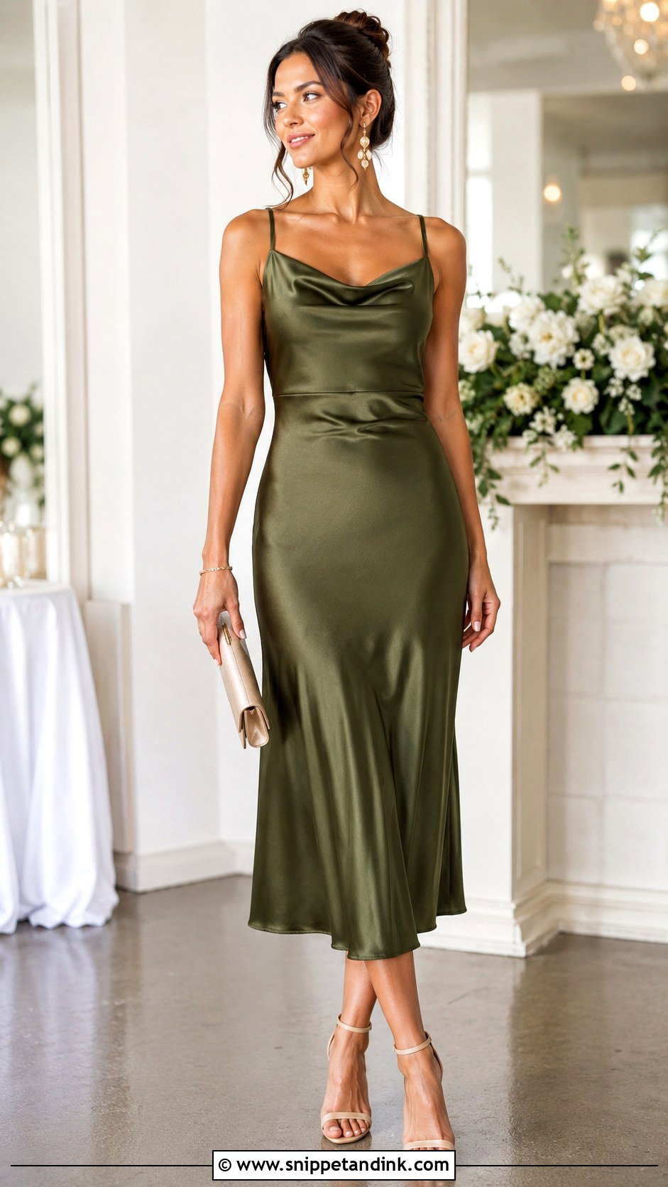 Olive Green Satin Midi Dress Wedding Outfit - Snippet and Ink - 30 Olive Green Dress Outfit Wedding Ideas