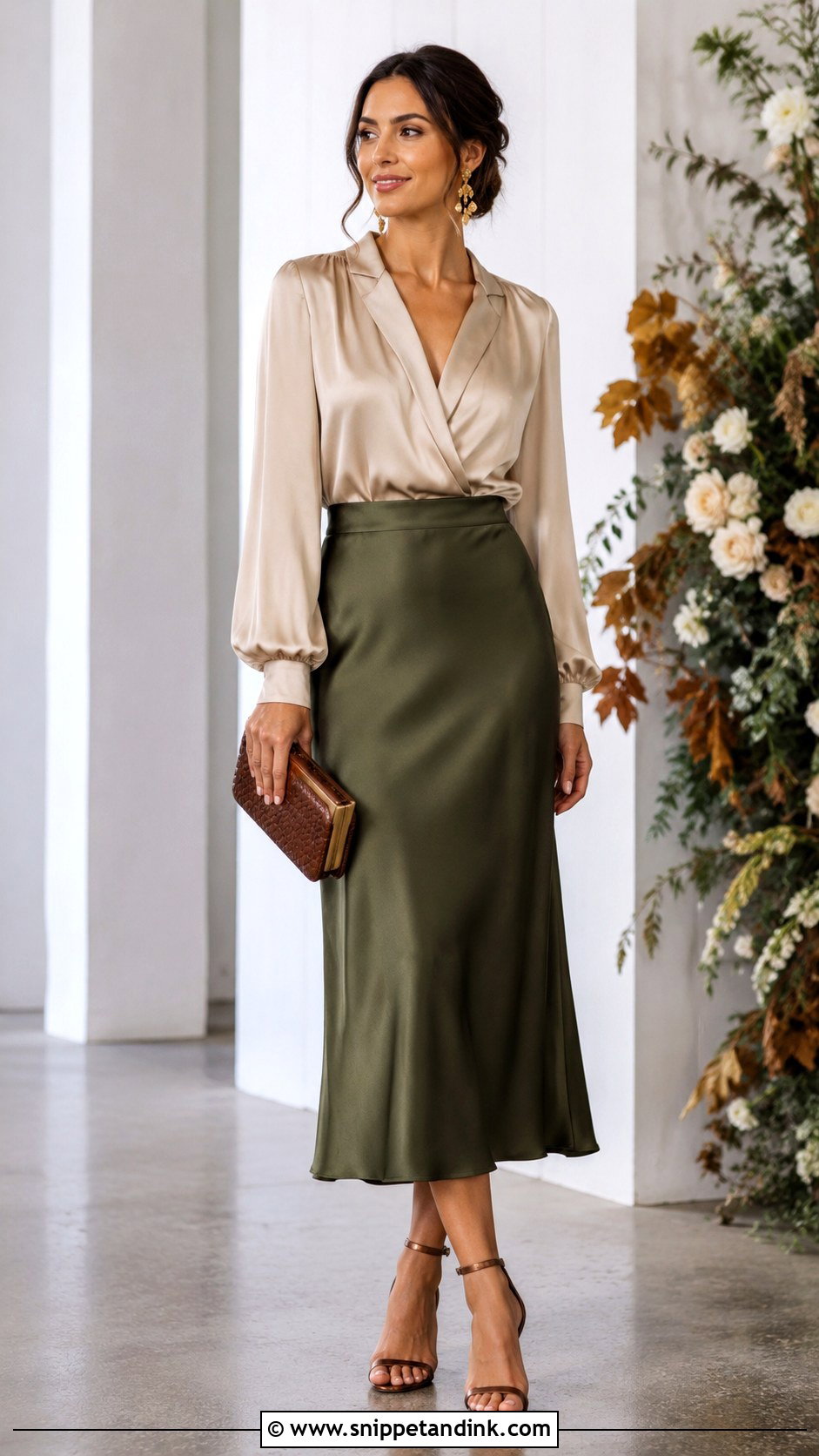 Olive Green Satin Skirt Wedding Guest Outfit - Snippet and Ink - 20 Green Wedding Outfit Ideas