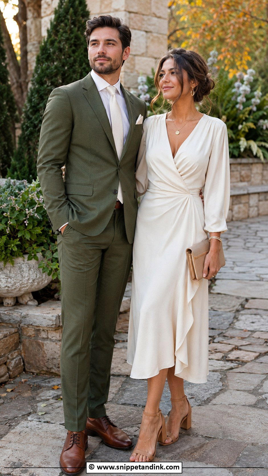 Olive Green Suit And Cream Dress Wedding Matching Outfit - Snippet and Ink - 35 Wedding Matching Outfits