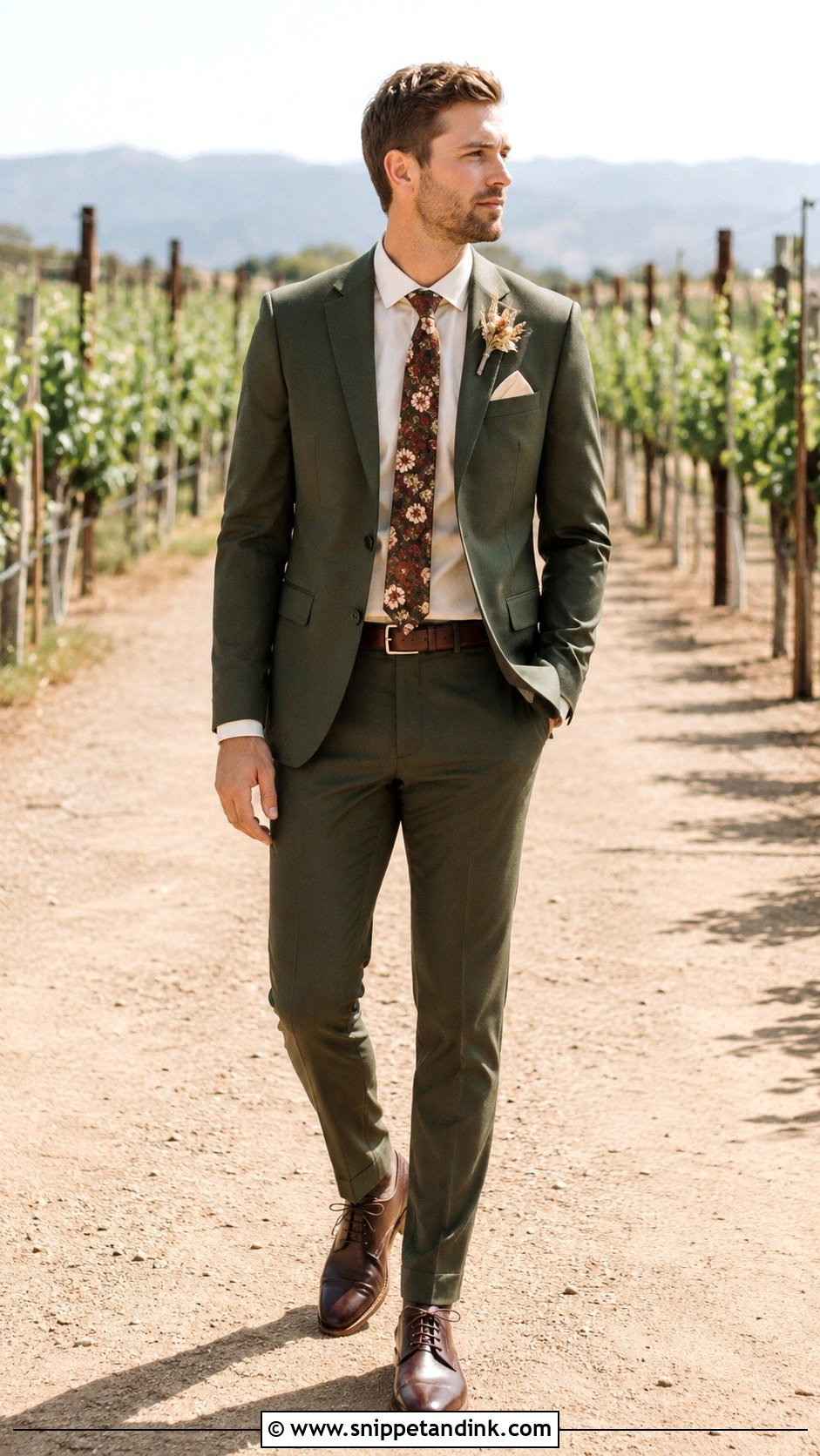 Olive Green Suit With Floral Tie - Snippet and Ink - 20 Green Suit Wedding Party Ideas