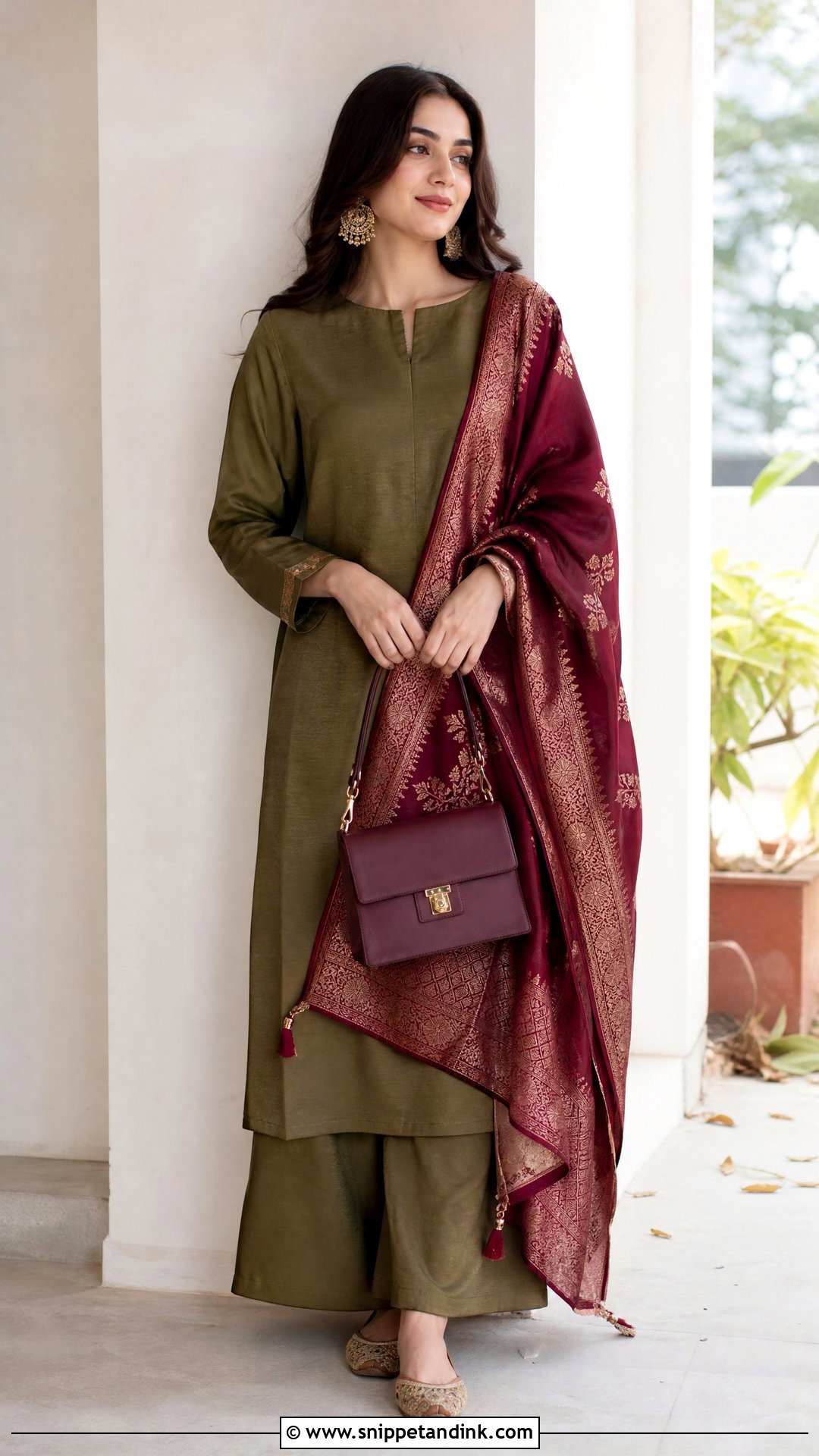Olive Green Suit With Maroon Dupatta - Snippet and Ink - 20 Maroon Dupatta Combination Ideas