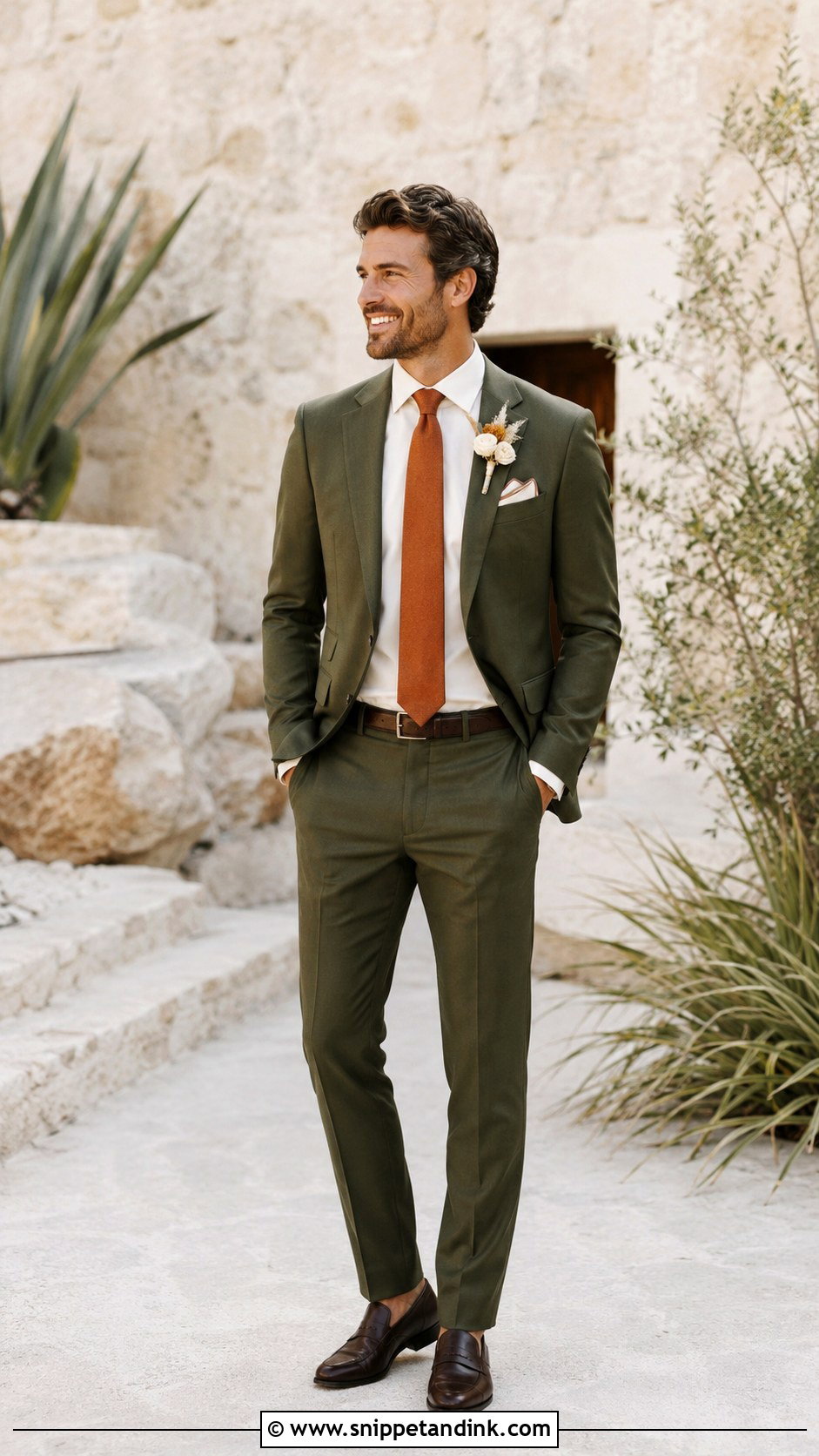 Olive Green Suit With Terracotta Tie - Snippet and Ink - 20 Green Suit Wedding Party Ideas