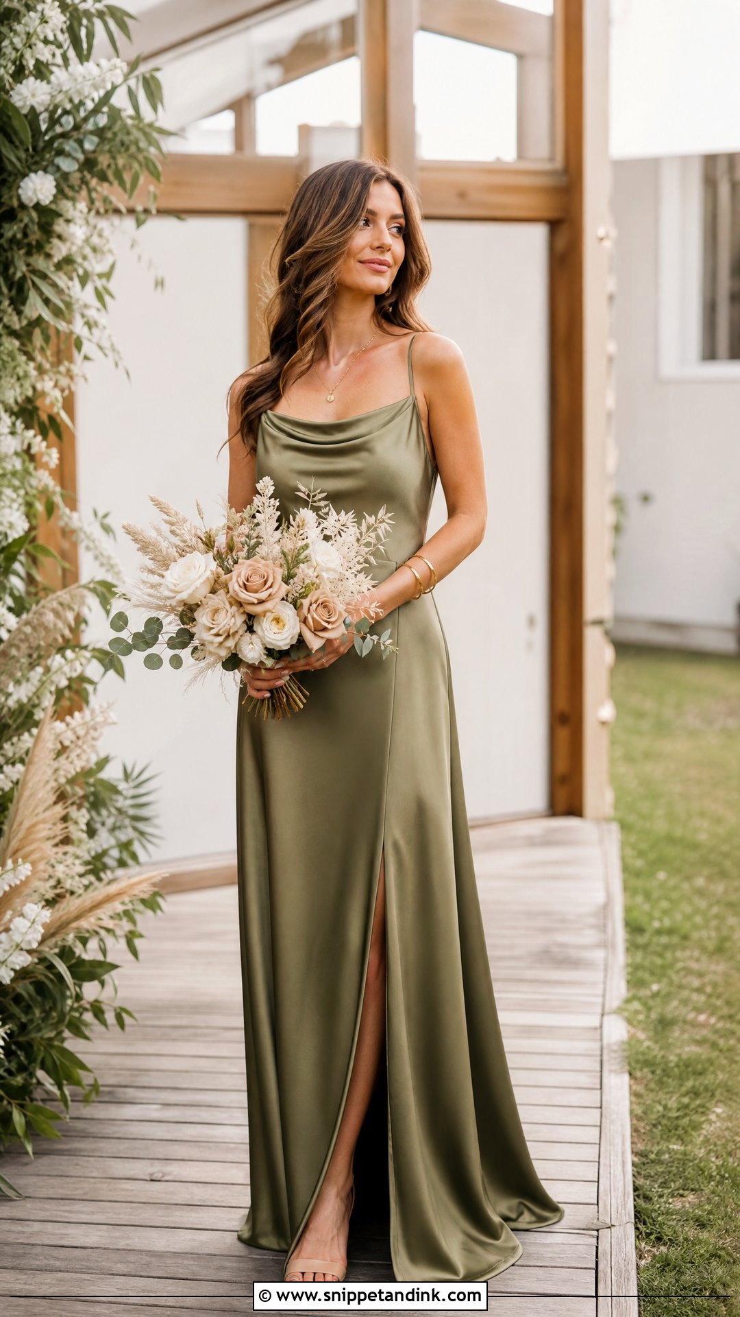 Olive Green Wedding Dress With Beige Bouquet - Snippet and Ink - 25 Green Wedding Dress for Bride Ideas