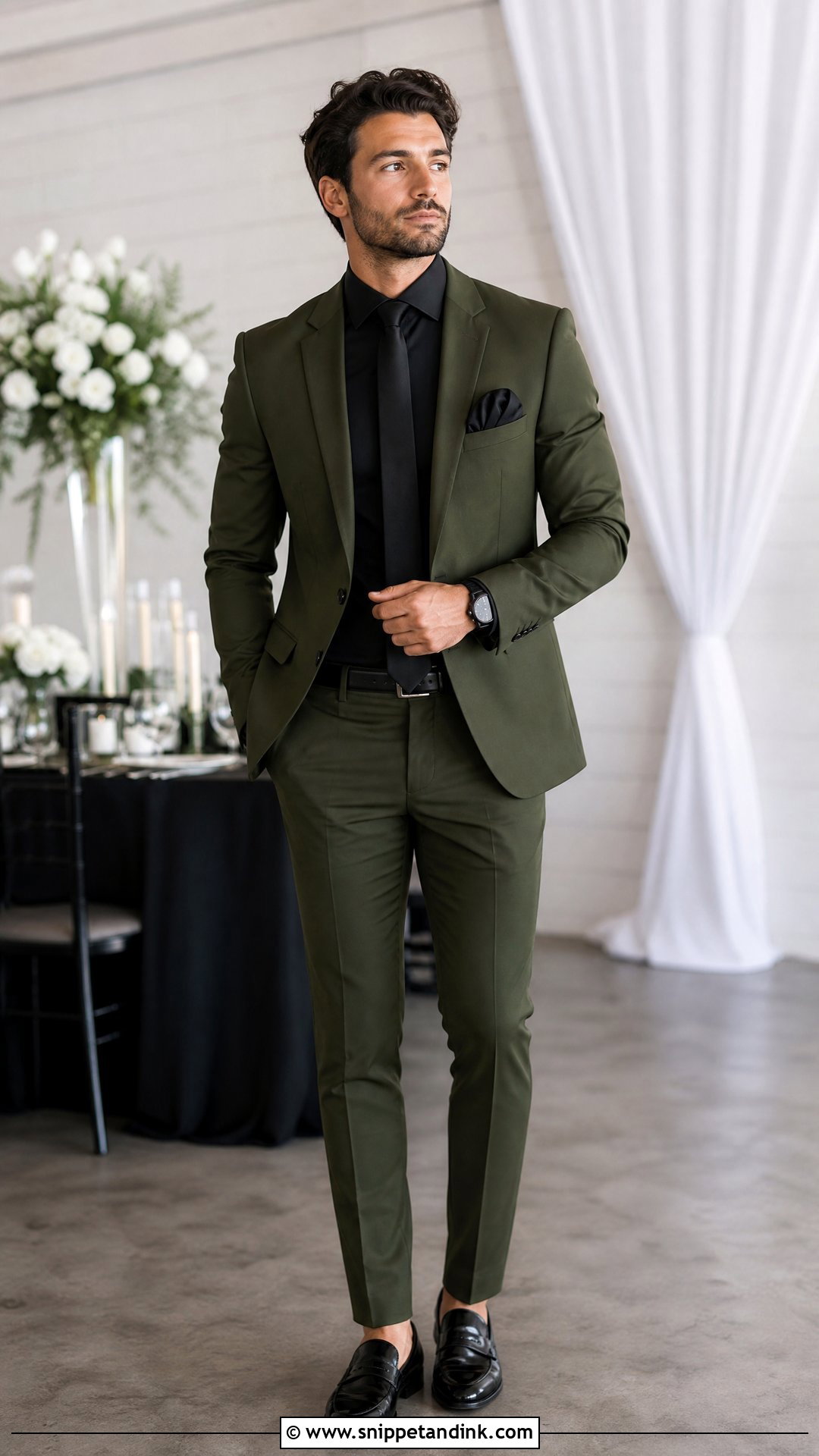 Olive Green Wedding Suit With Black Shirt - Snippet and Ink - 20 Olive Green Wedding Suit Ideas