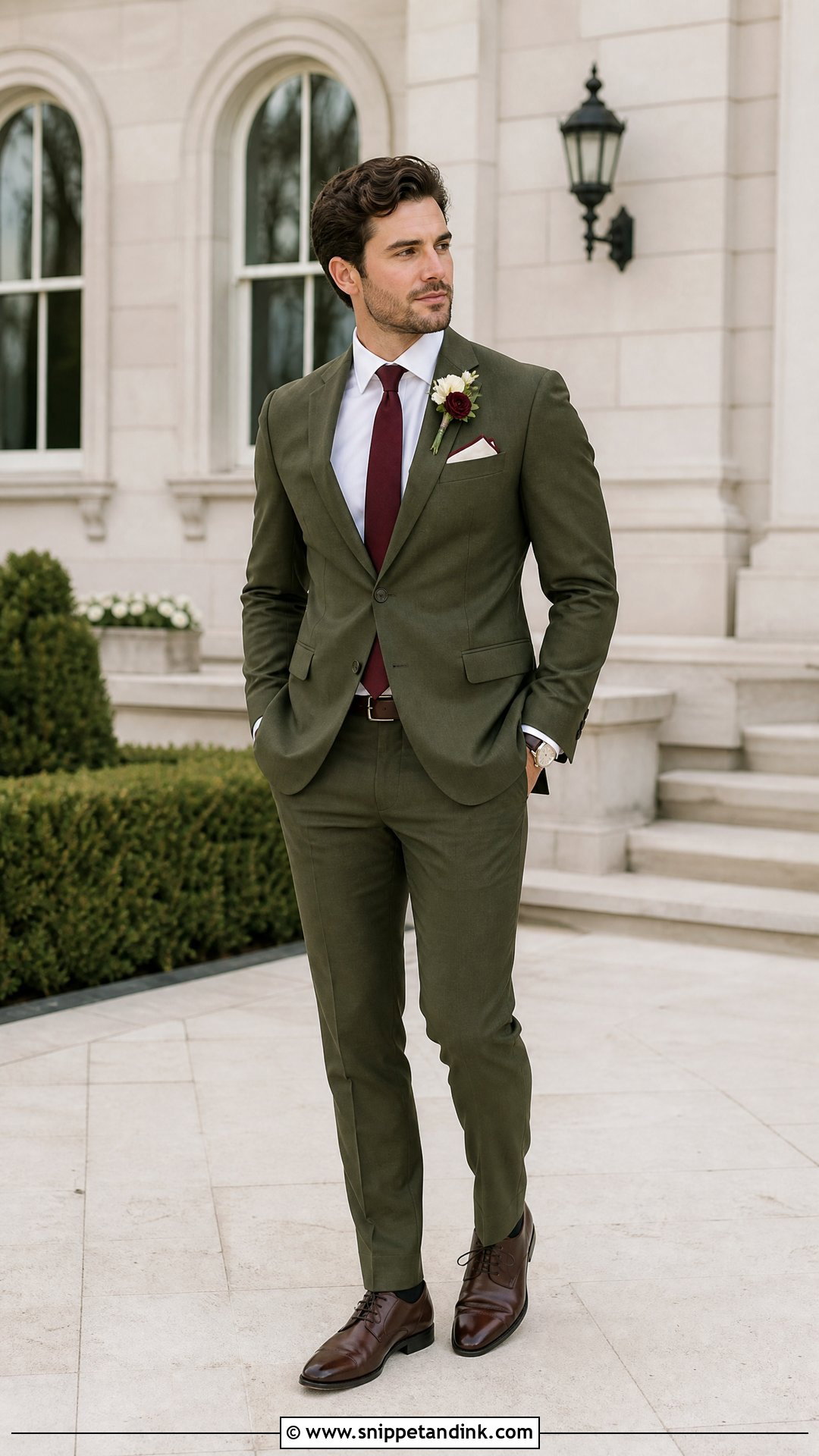 Olive Green Wedding Suit With Burgundy Tie - Snippet and Ink - 20 Olive Green Wedding Suit Ideas