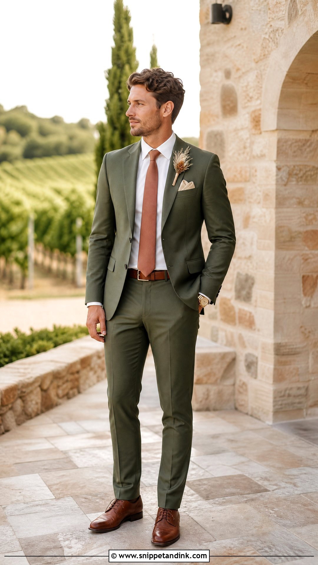 Olive Green Wedding Suit With Terracotta Tie - Snippet and Ink - 20 Olive Green Wedding Suit Ideas