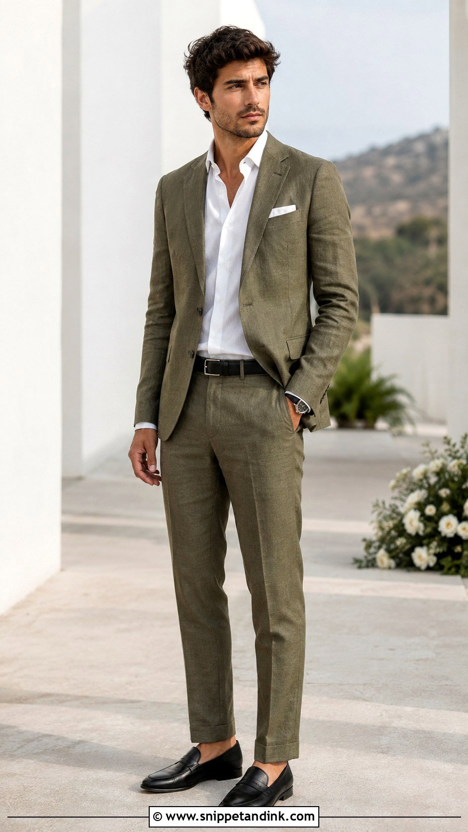 Olive Linen Wedding Suit With Black Loafers - Snippet and Ink - 25 Linen Wedding Suit Ideas