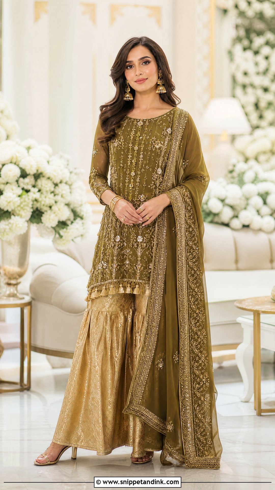 Olive Long Shirt With Gold Gharara - Snippet and Ink - 25 Pakistani Long Shirt Wedding Dress Ideas