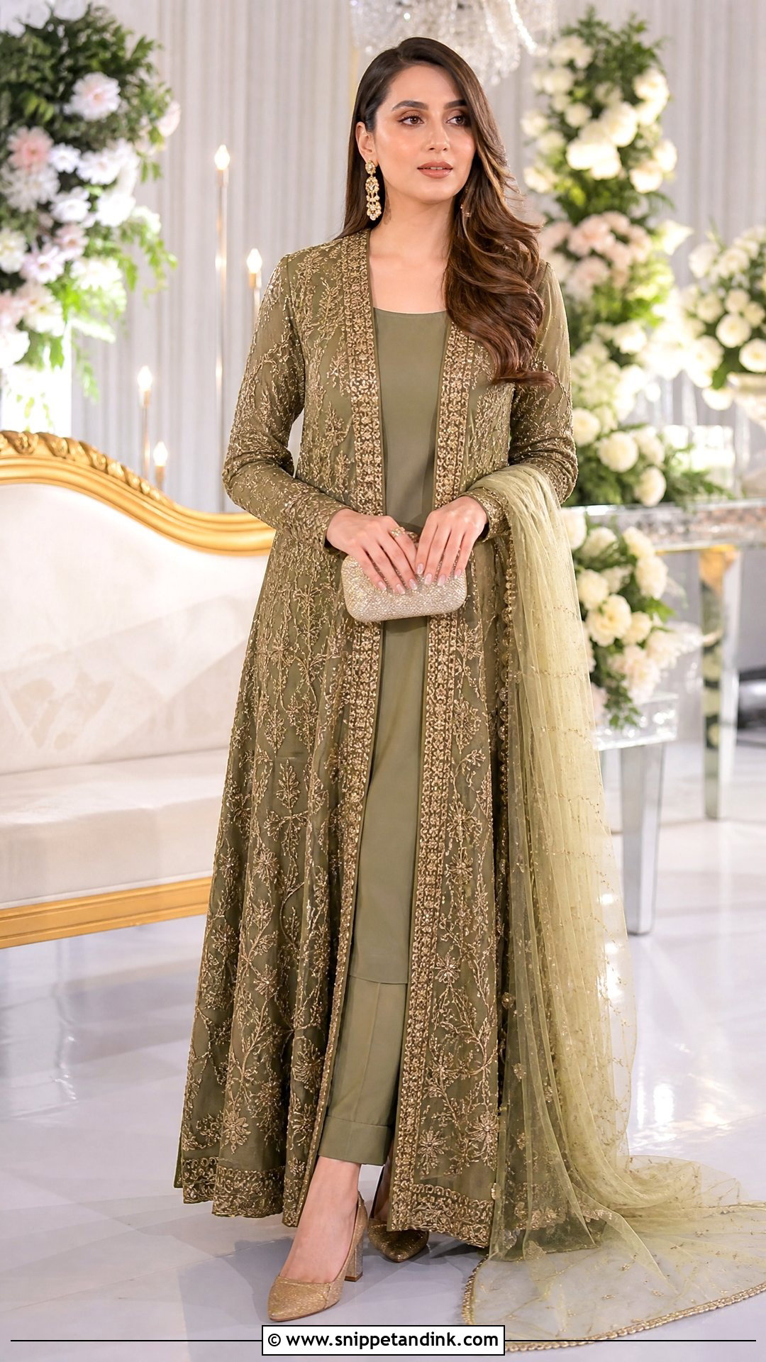 Olive Pakistani Front Open Gown Dress - Snippet and Ink - 25 Pakistani Fancy Dresses for Wedding