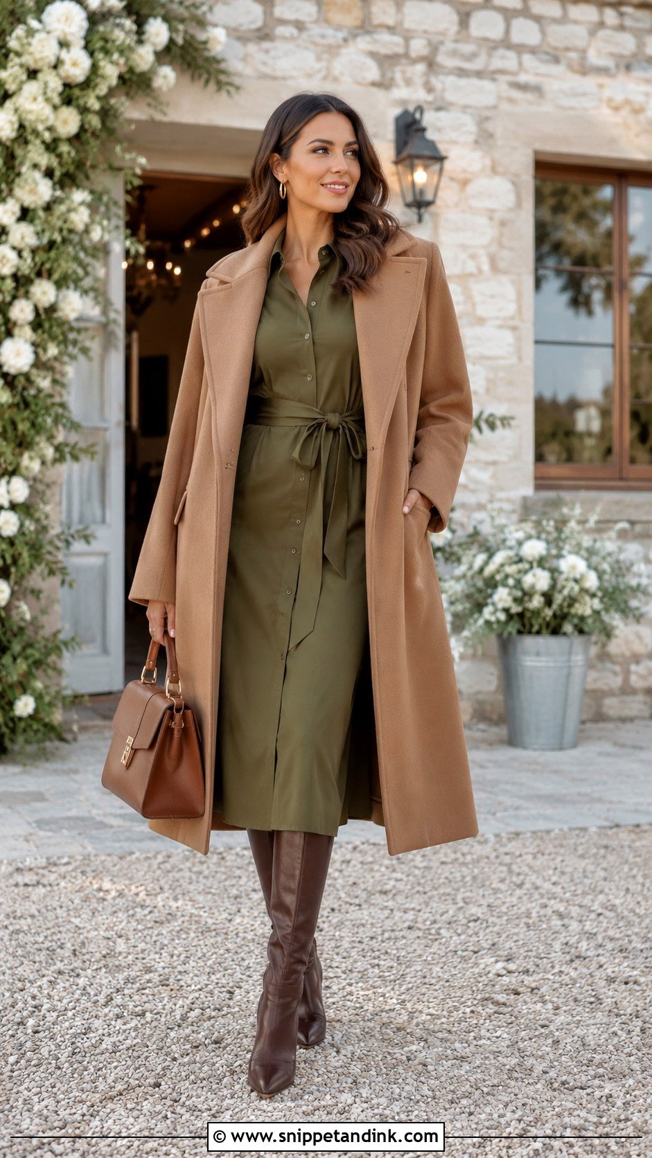Olive Shirt Dress With Brown Boots And Wool Coat - Snippet and Ink - 20 Casual Winter Wedding Dress Ideas