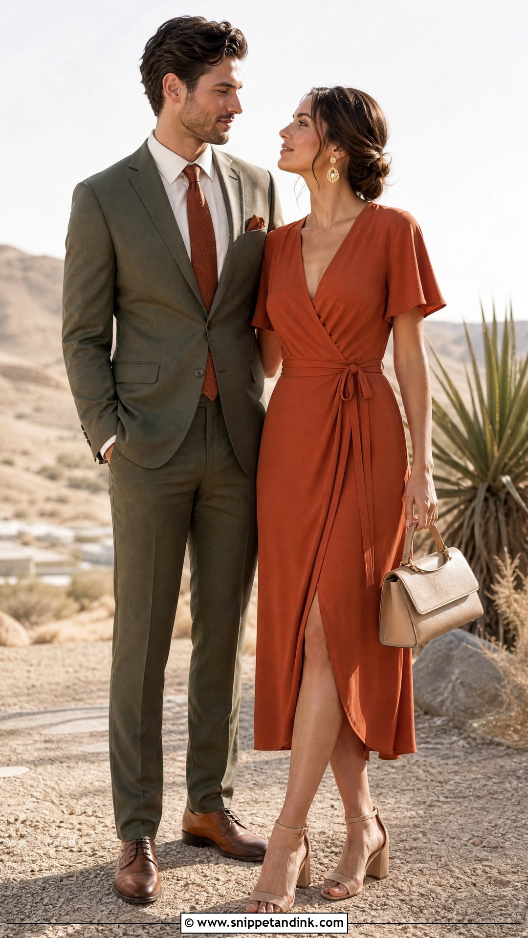 Olive Suit And Terracotta Dress Wedding Outfit - Snippet and Ink - 20 Wedding Date Outfit Couple Ideas
