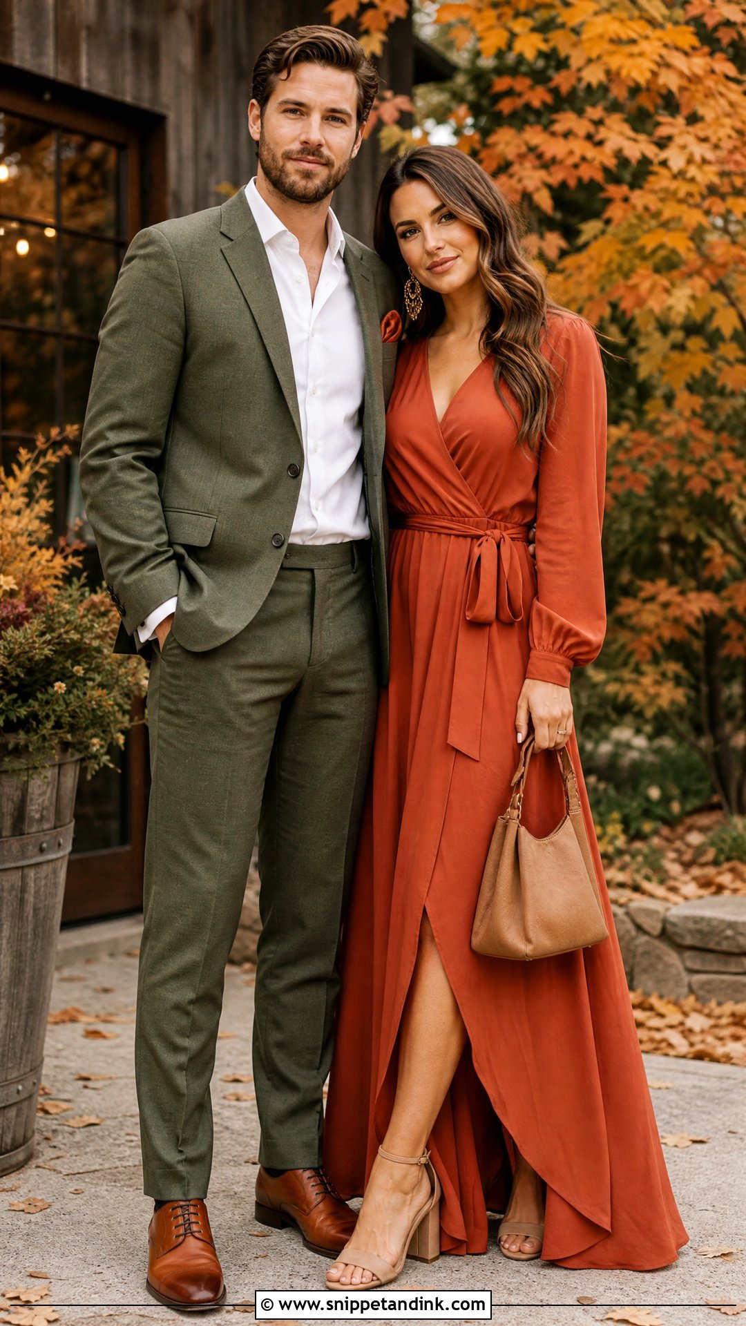 Olive Suit And Terracotta Dress - Snippet and Ink - 20 Couple Suit and Dress Ideas