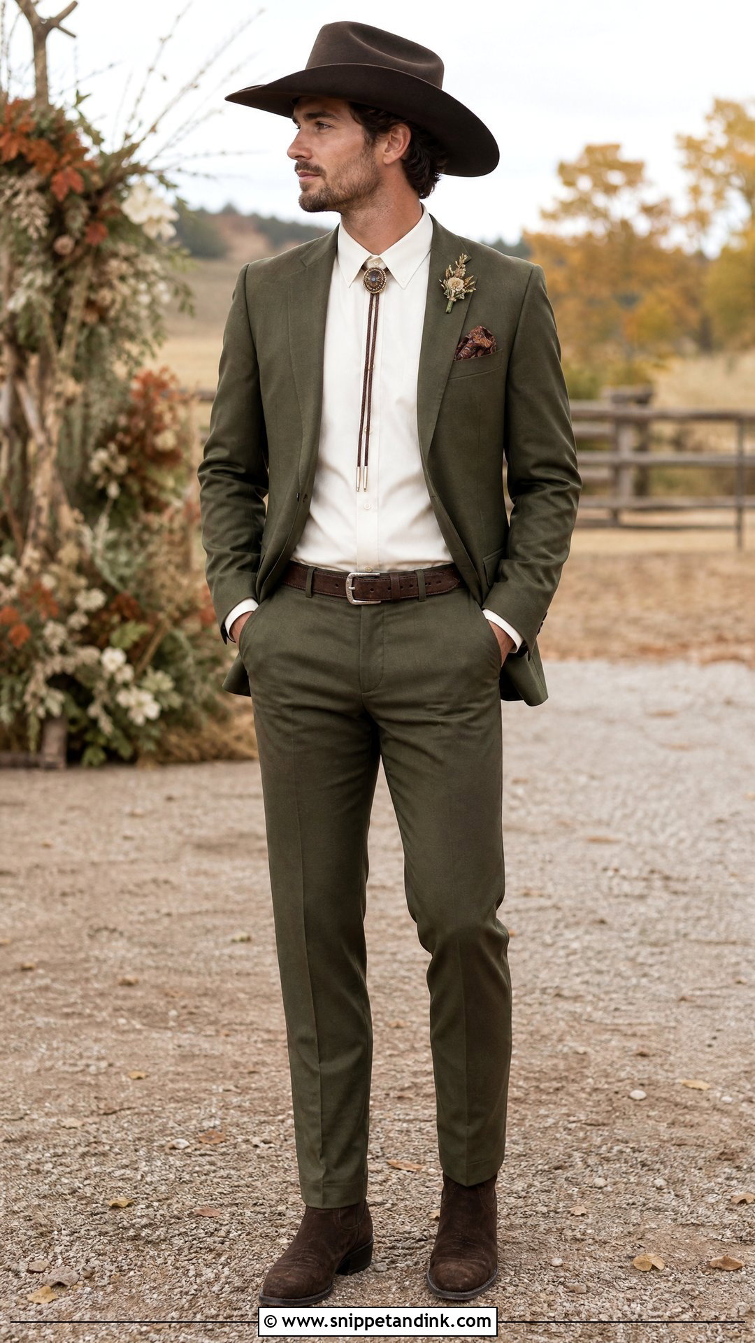 Olive Western Wedding Suit With Suede Boots - Snippet and Ink - 20 Western Wedding Suit Ideas