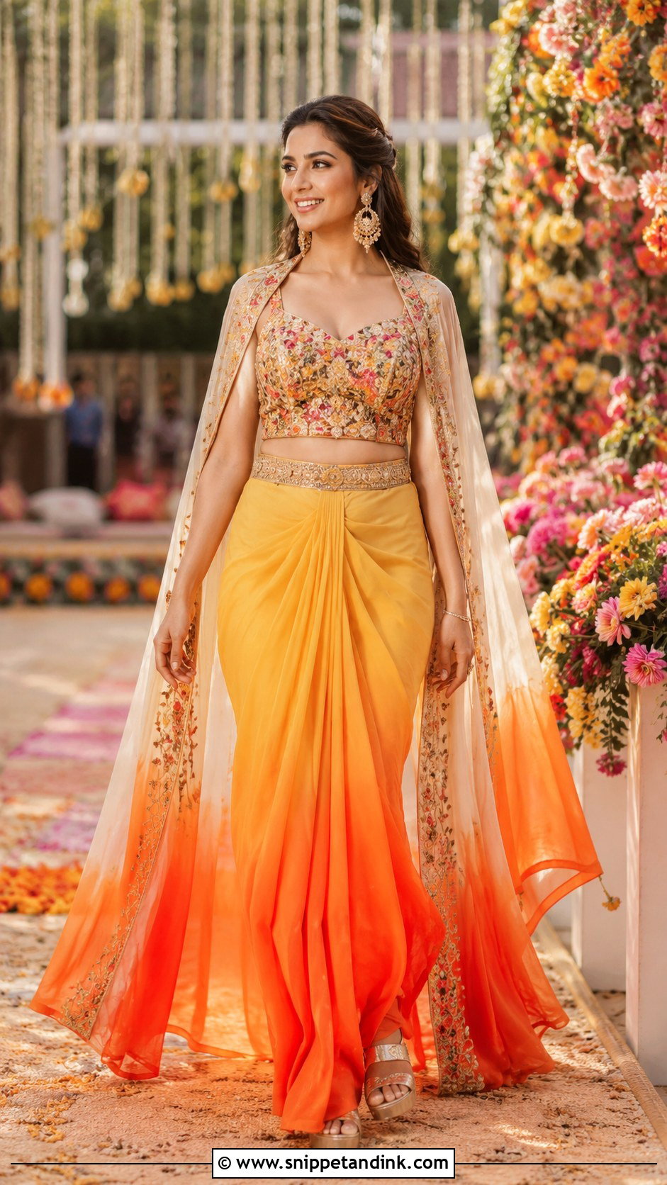 Ombre Drape Skirt Mehendi Outfit - Snippet and Ink - 20 Bridal Mehendi Outfits