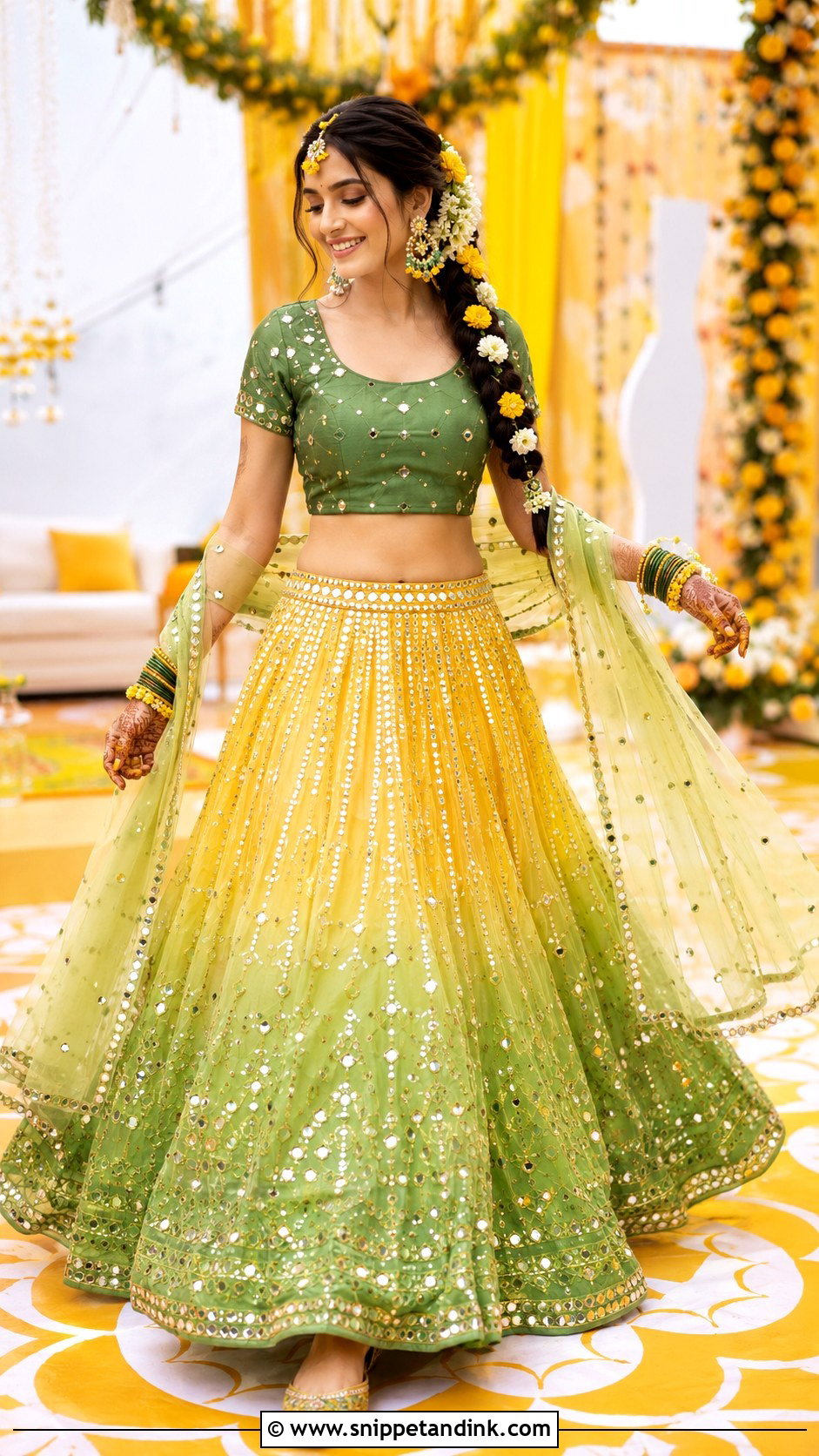 Ombre Lehenga Haldi Mehndi Bride Outfit - Snippet and Ink - 20 Haldi Mehndi Outfit for Bride Ideas