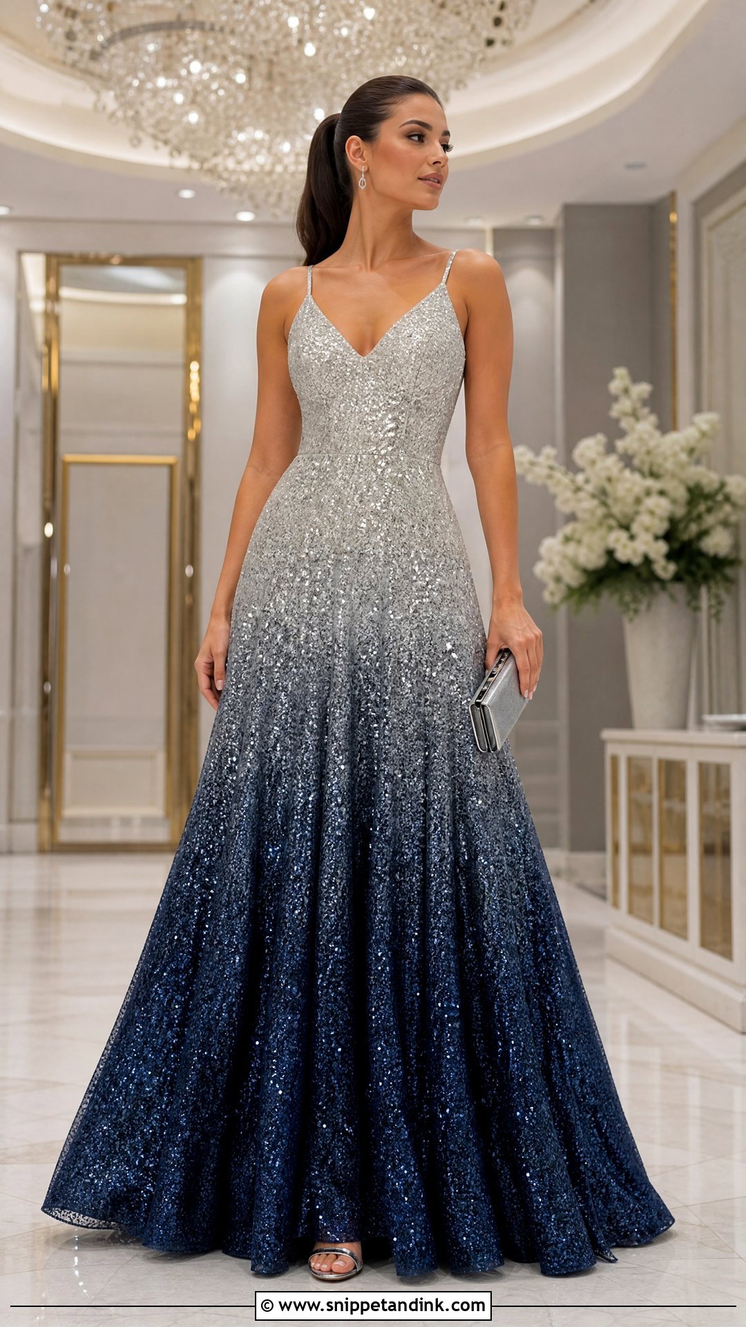 Ombre Sequin Ball Gown With Neutral Accessories - Snippet and Ink - 20 Sequin Ball Gown Ideas