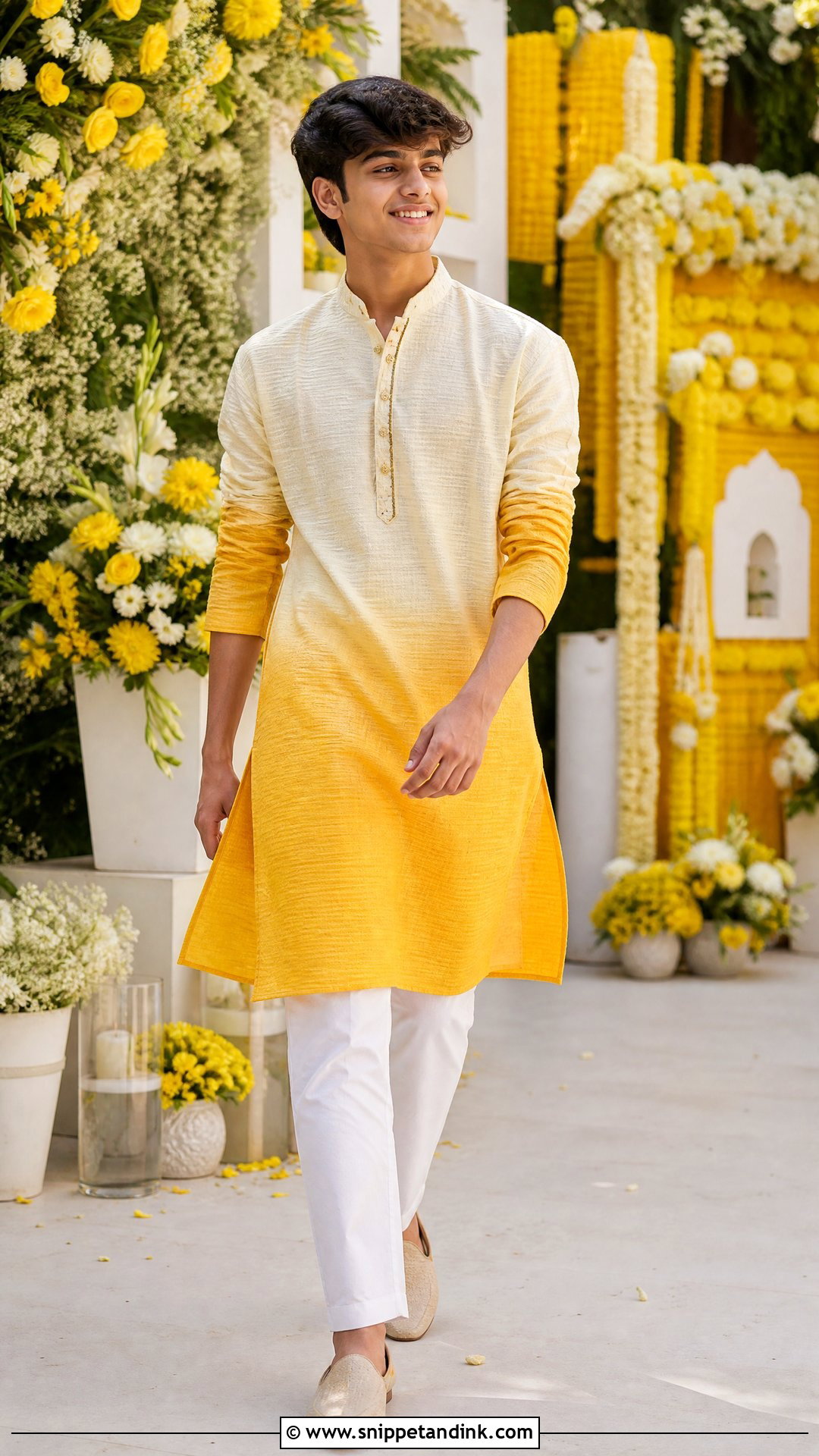Ombre Yellow Kurta With White Pants Haldi Outfit - Snippet and Ink - 20 Boys Haldi Outfit Ideas