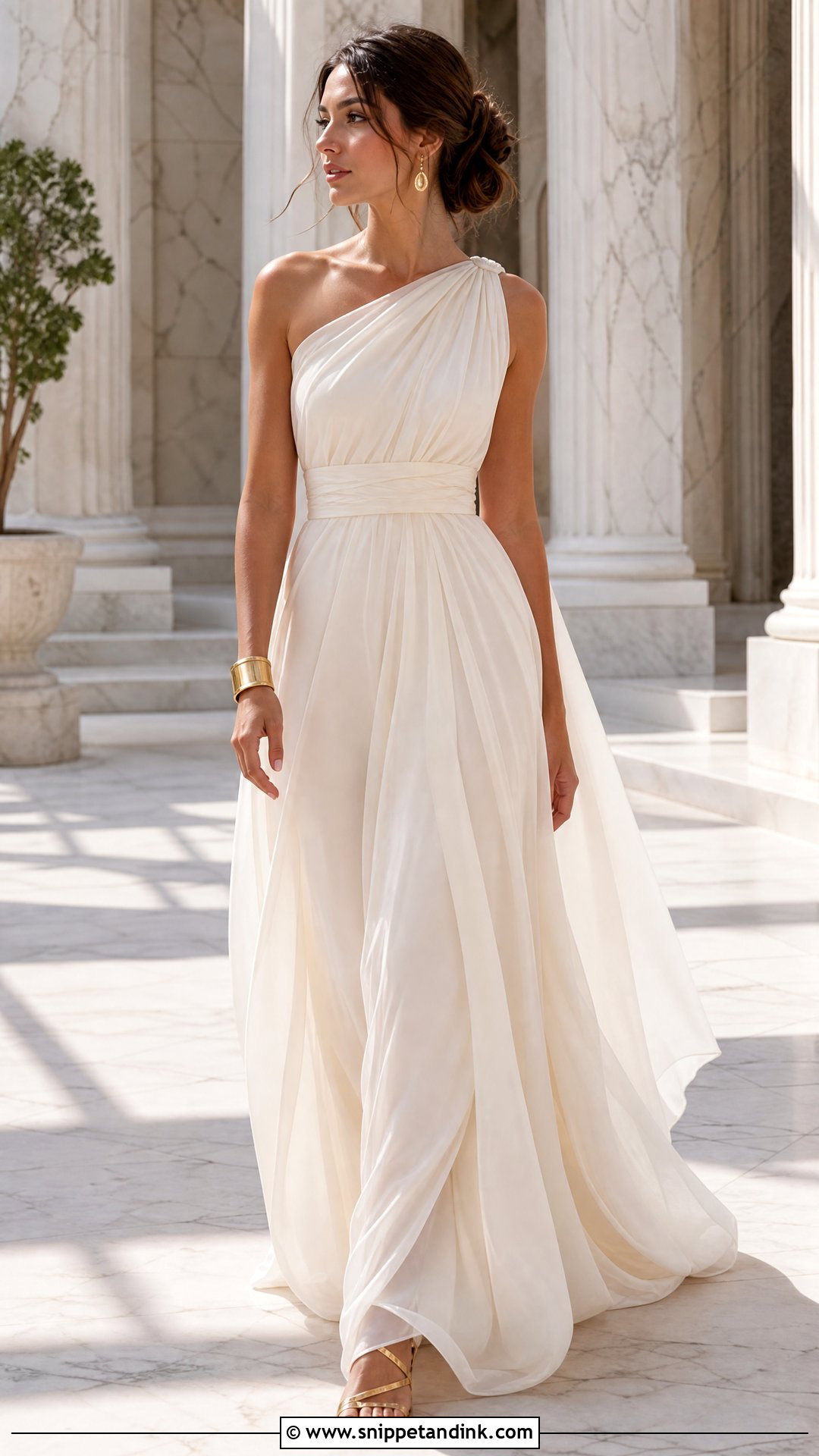 One Shoulder Ancient Greek Wedding Dress With Gold Sandals - Snippet and Ink - 25 Ancient Greek Wedding Dress Ideas
